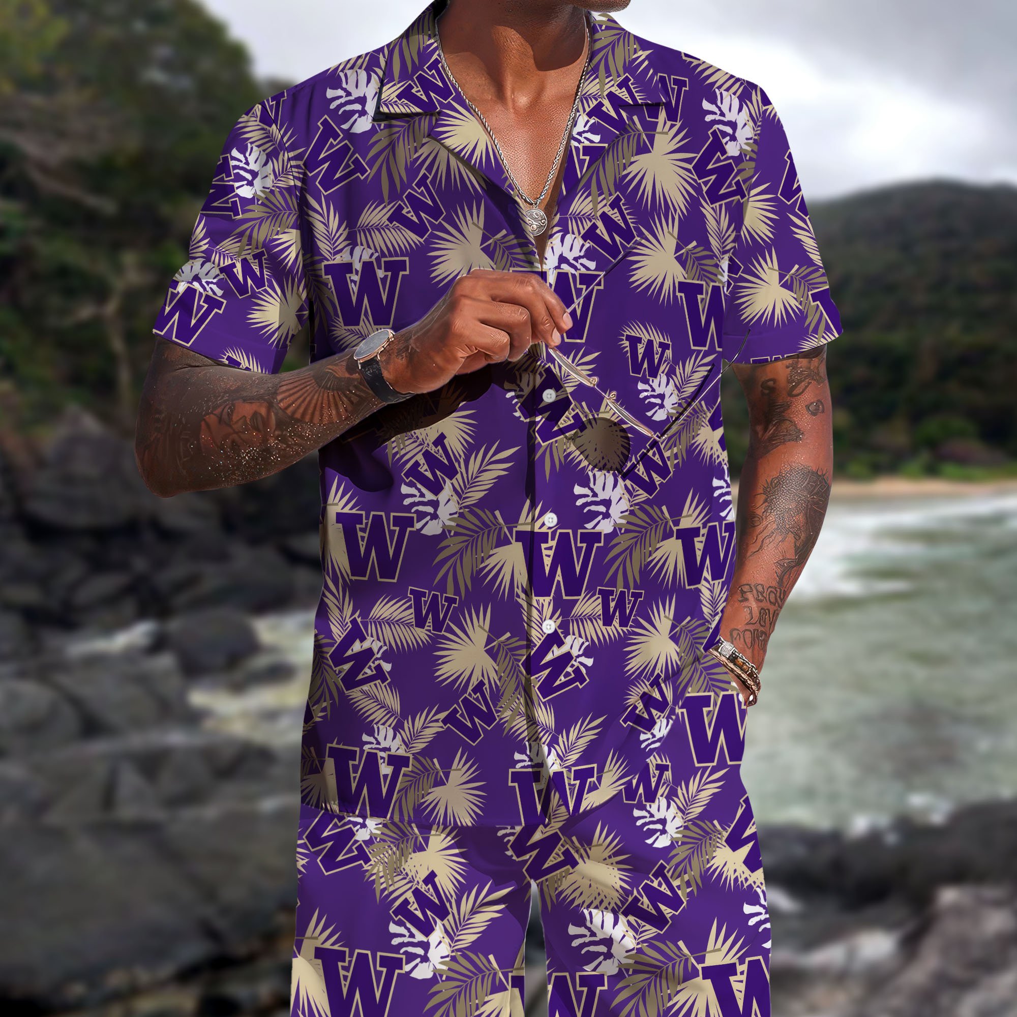 Washington Huskies Hawaiian Shorts Set 2025 Version, Hawaiian Shirts, Sports Shorts, Gifts For Fan