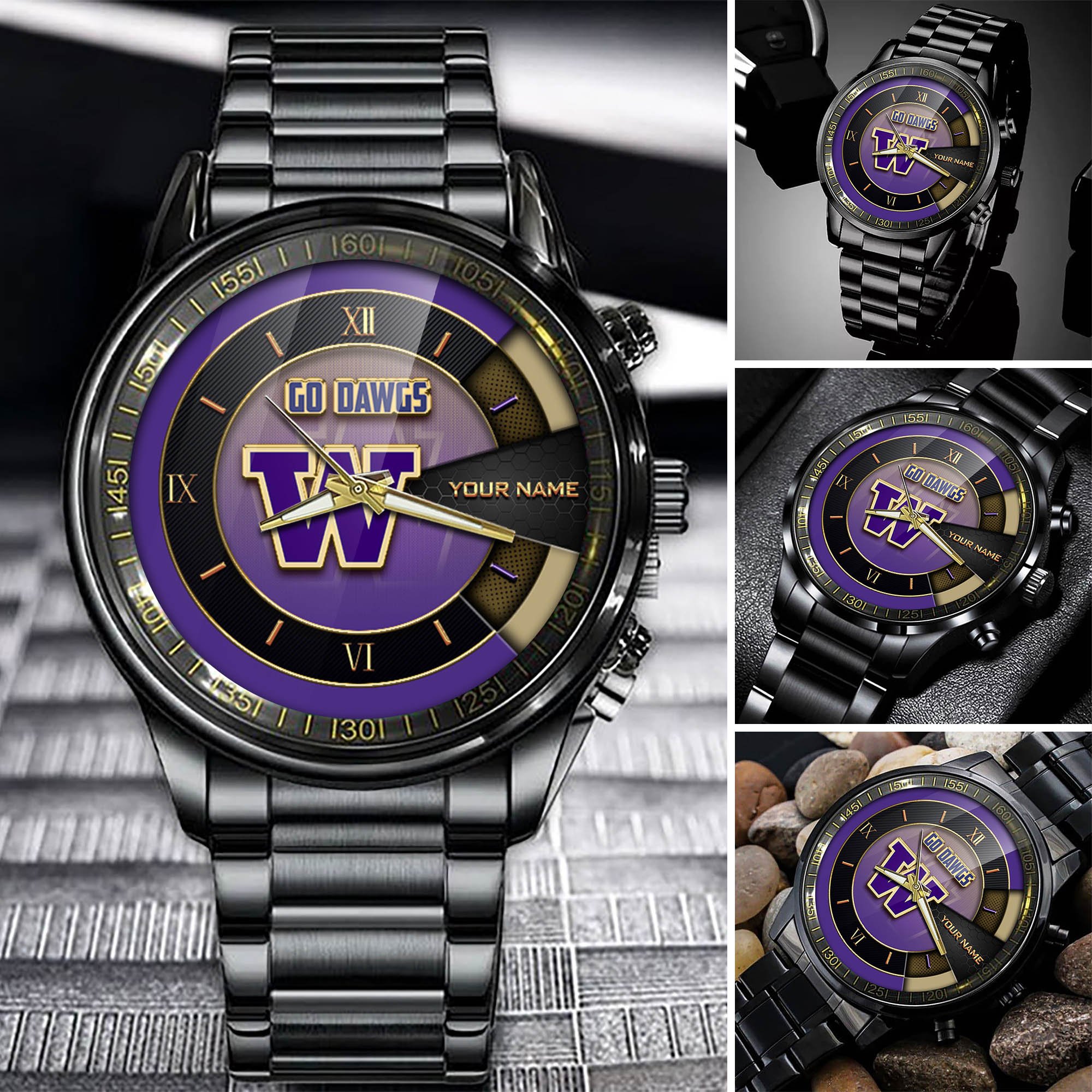 Washington Huskies Team Black Fashion Watch 2025 Version Custom Your Name, Black Fashion Watch For Sport Fan 