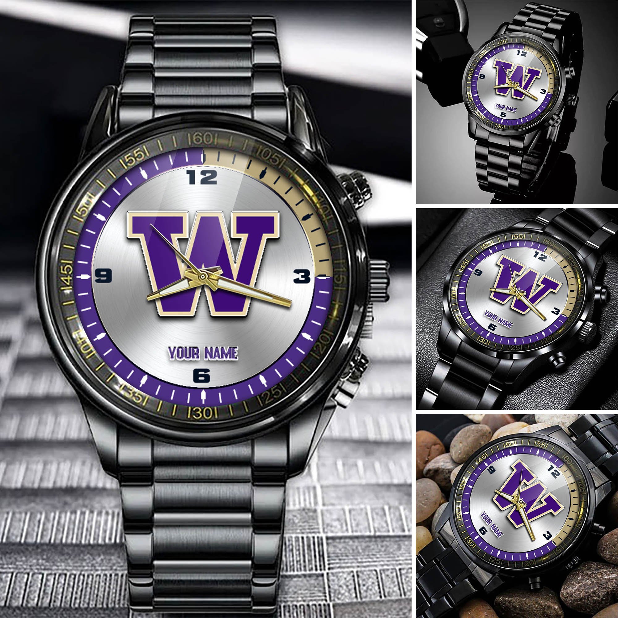 Washington Huskies Team Black Fashion Watch 2025 Version Personalized Your Name, Watch For Fan , Football League Gifts 