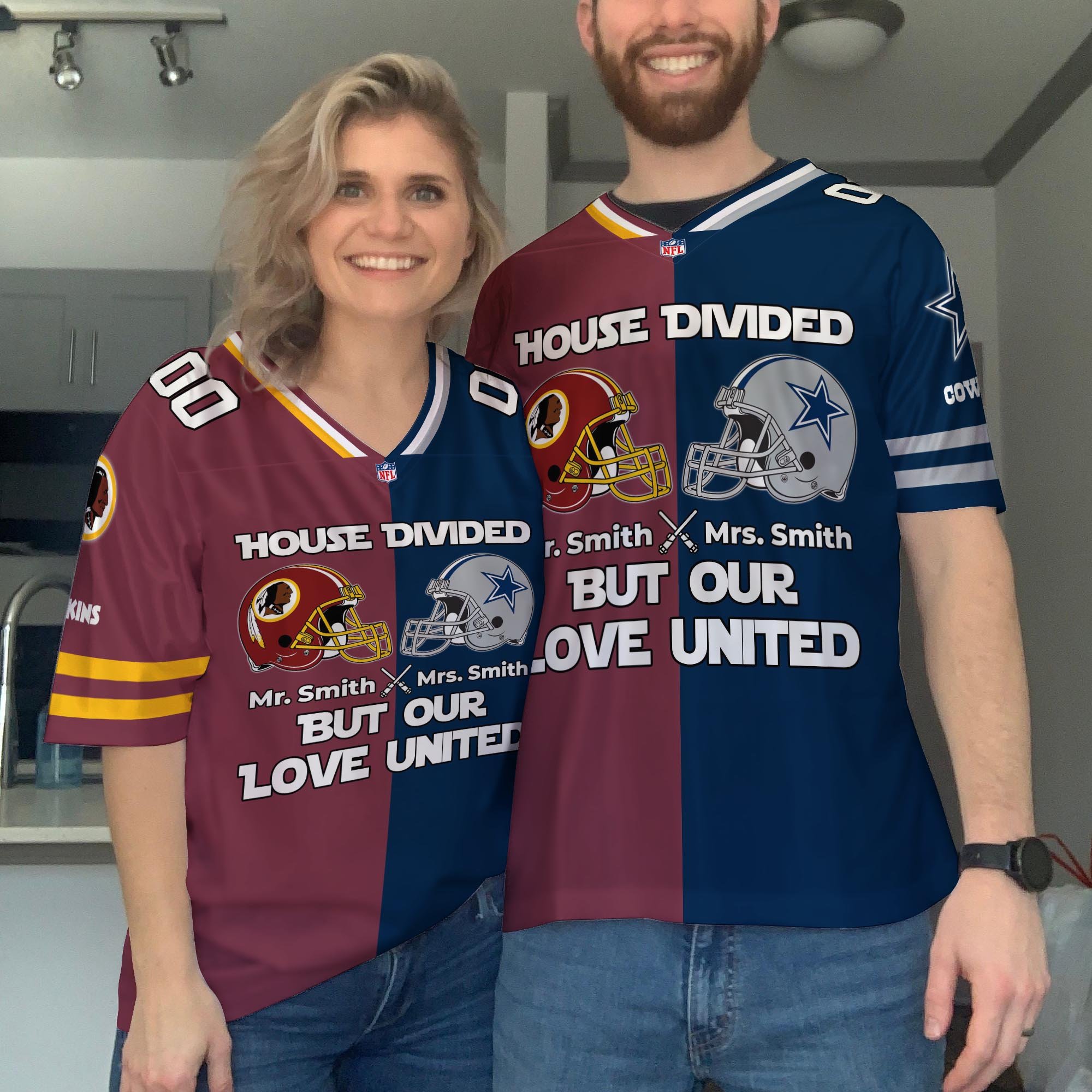 Washington Redskins Football Jersey Custom Husband, Wife Name And Number, House Divided Jersey For Fan
