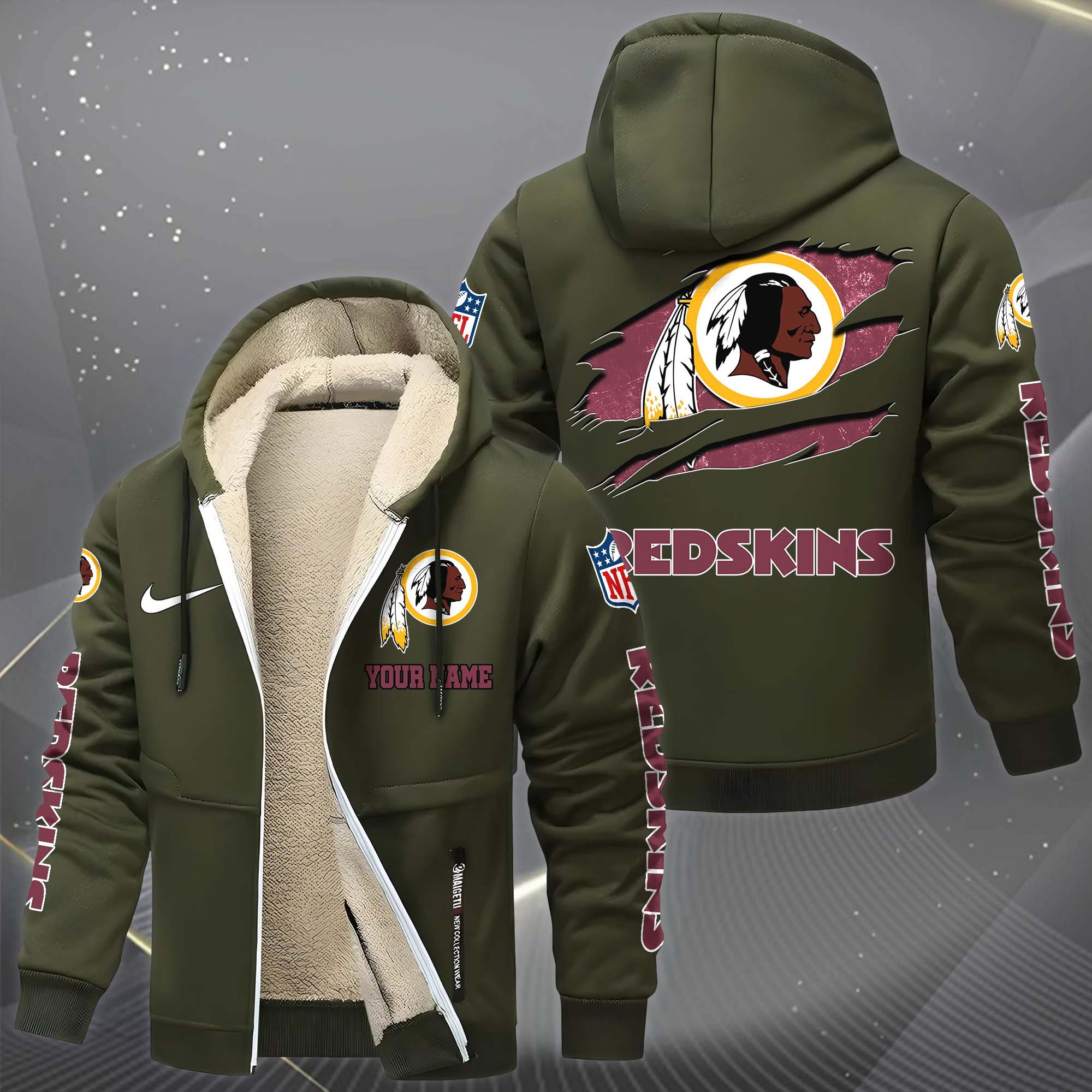 Washington Redskins Hoodie Zip Velvet Coat Custom Your Name, Sport Jacket, Gifts For Fan