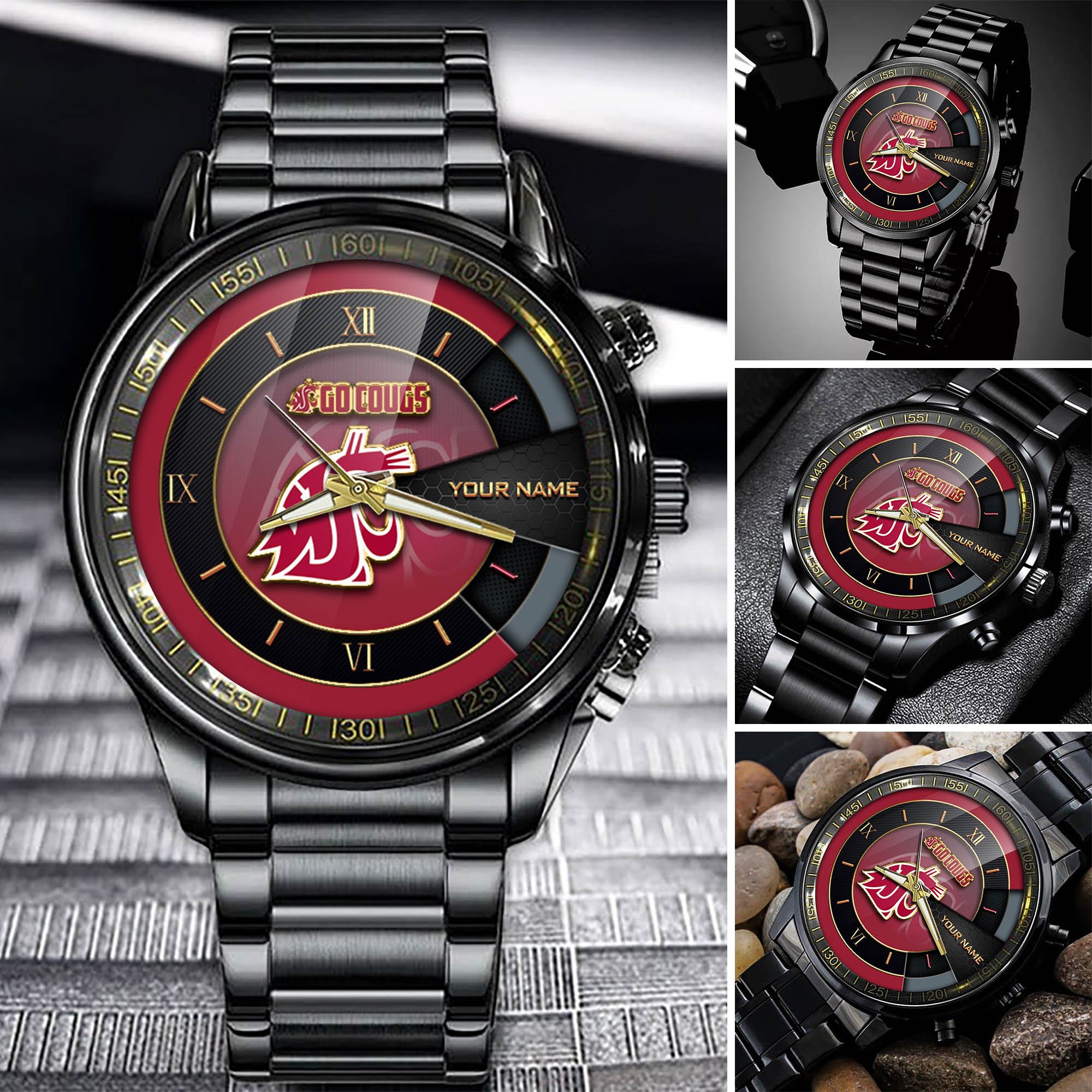 Washington State Cougars Team Black Fashion Watch 2025 Version Custom Your Name, Black Fashion Watch For Sport Fan 