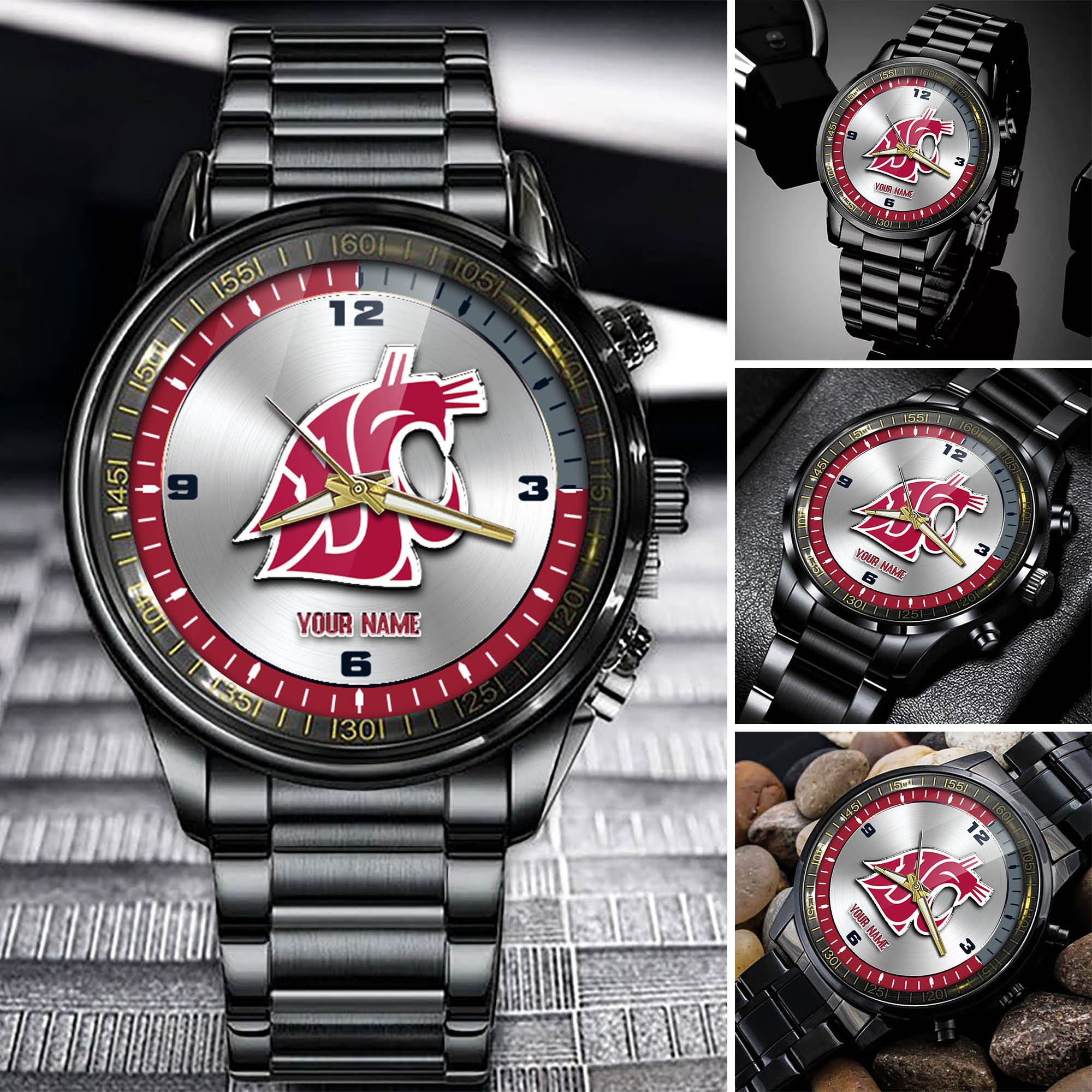 Washington State Cougars Team Black Fashion Watch 2025 Version Personalized Your Name, Watch For Fan , Football League Gifts 