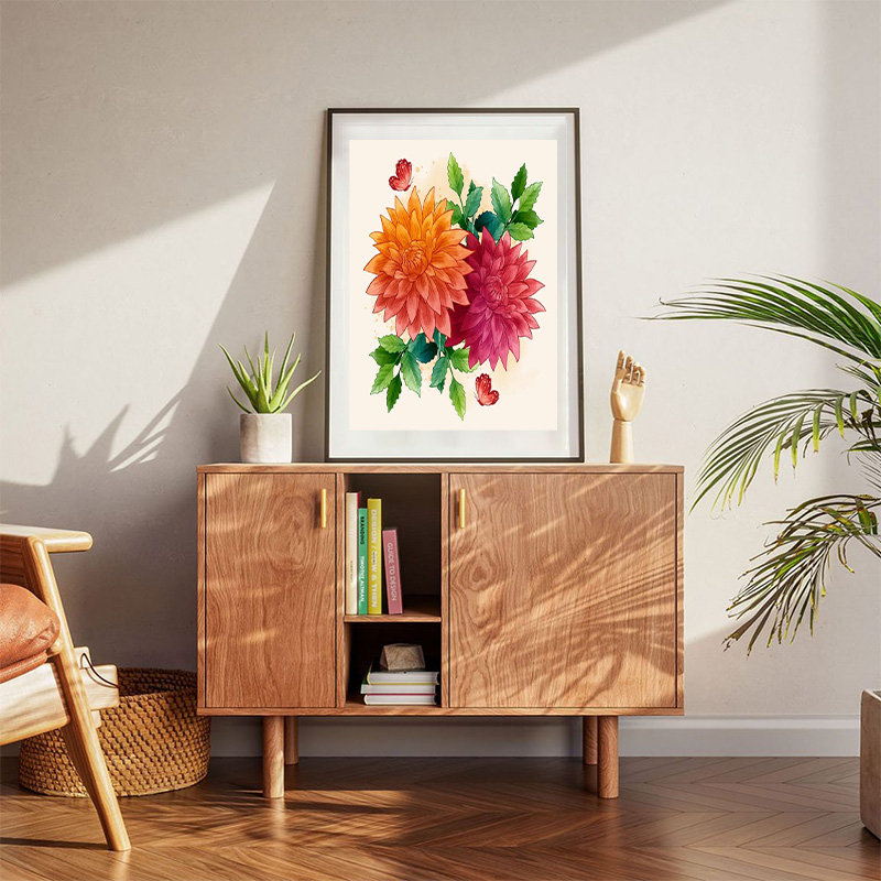 Watercolor Dahlia Illustration With Butterflies Poster