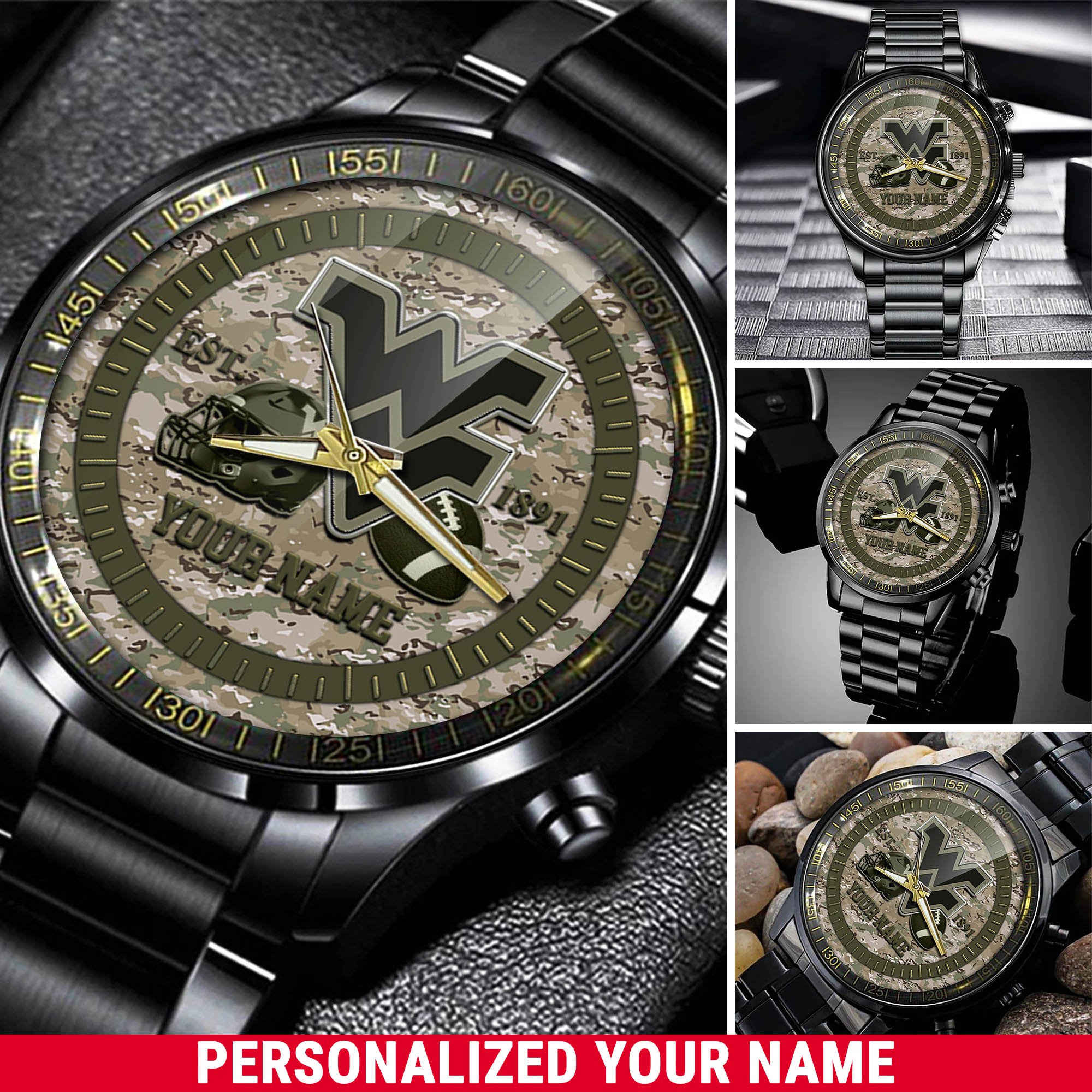 West Virginia Mountaineers Black Fashion Watch 2025 Version Custom Your Name, Camouflage Watch For Fan 