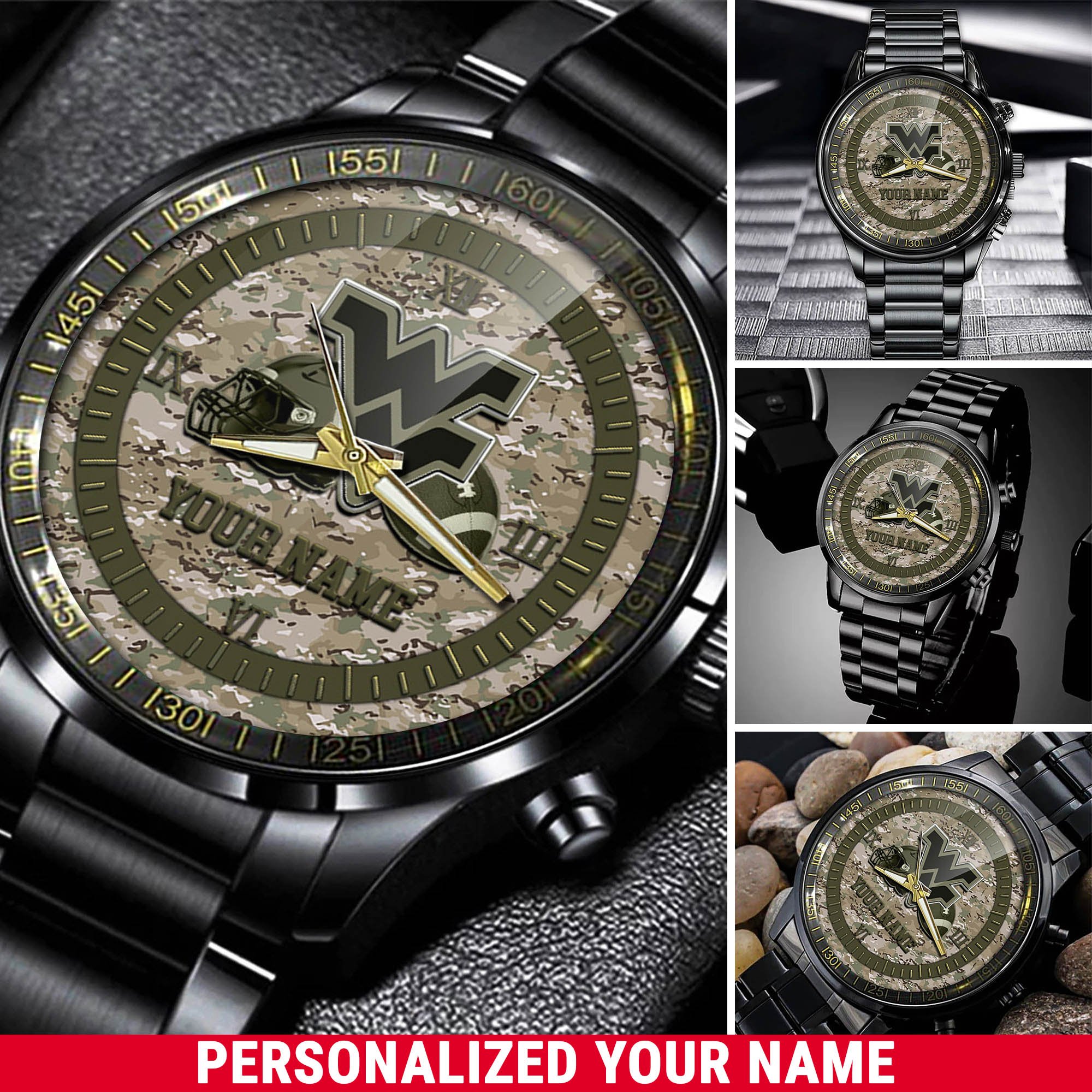 West Virginia Mountaineers Black Fashion Watch 2025 Version Personalized Your Name, Camouflage Watch For Football Lovers 
