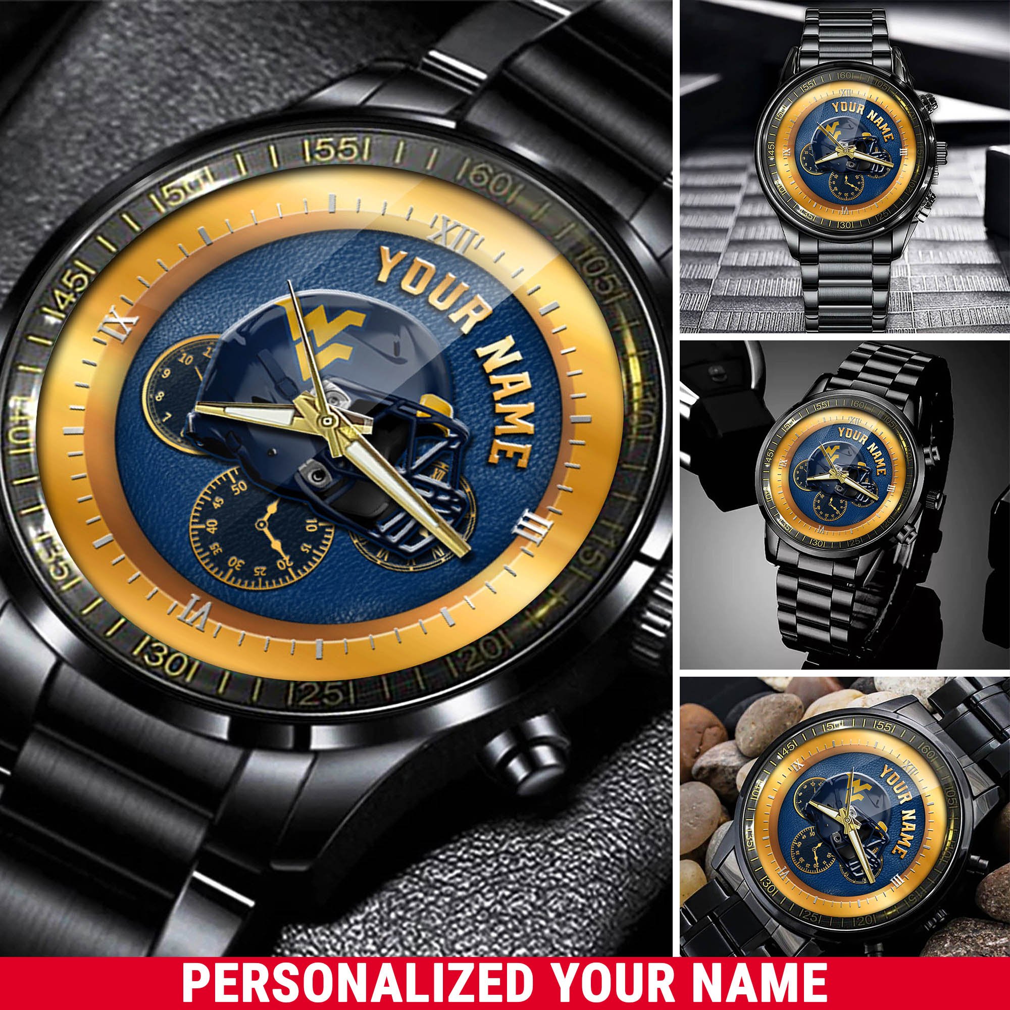 West Virginia Mountaineers Black Fashion Watch 2025 Version Personalized Your Name, Football Team Black Fashion Watch 