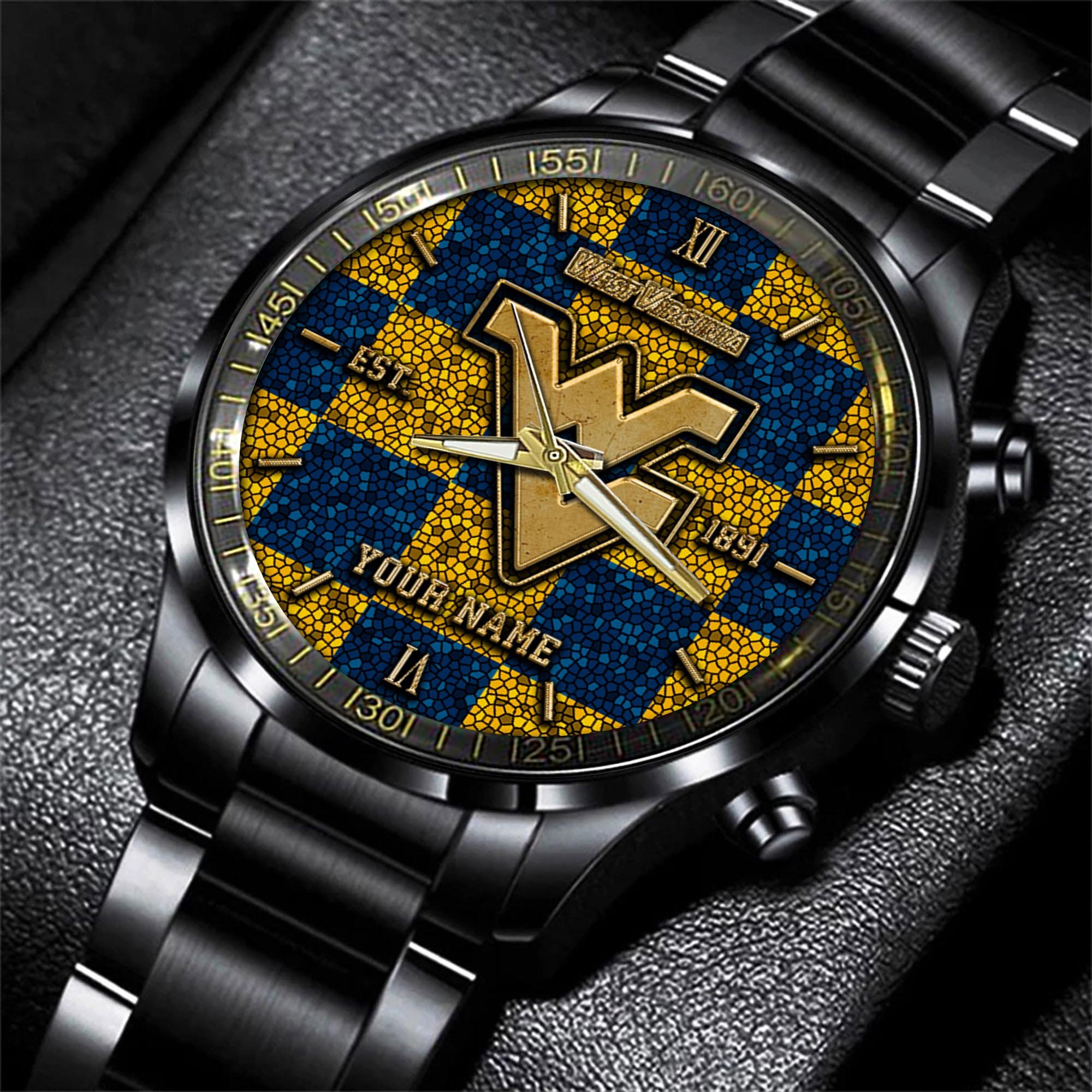 West Virginia Mountaineers Black Fashion Watch Custom Your Name, Sport Black Fashion Watch, Football Fan Gifts 