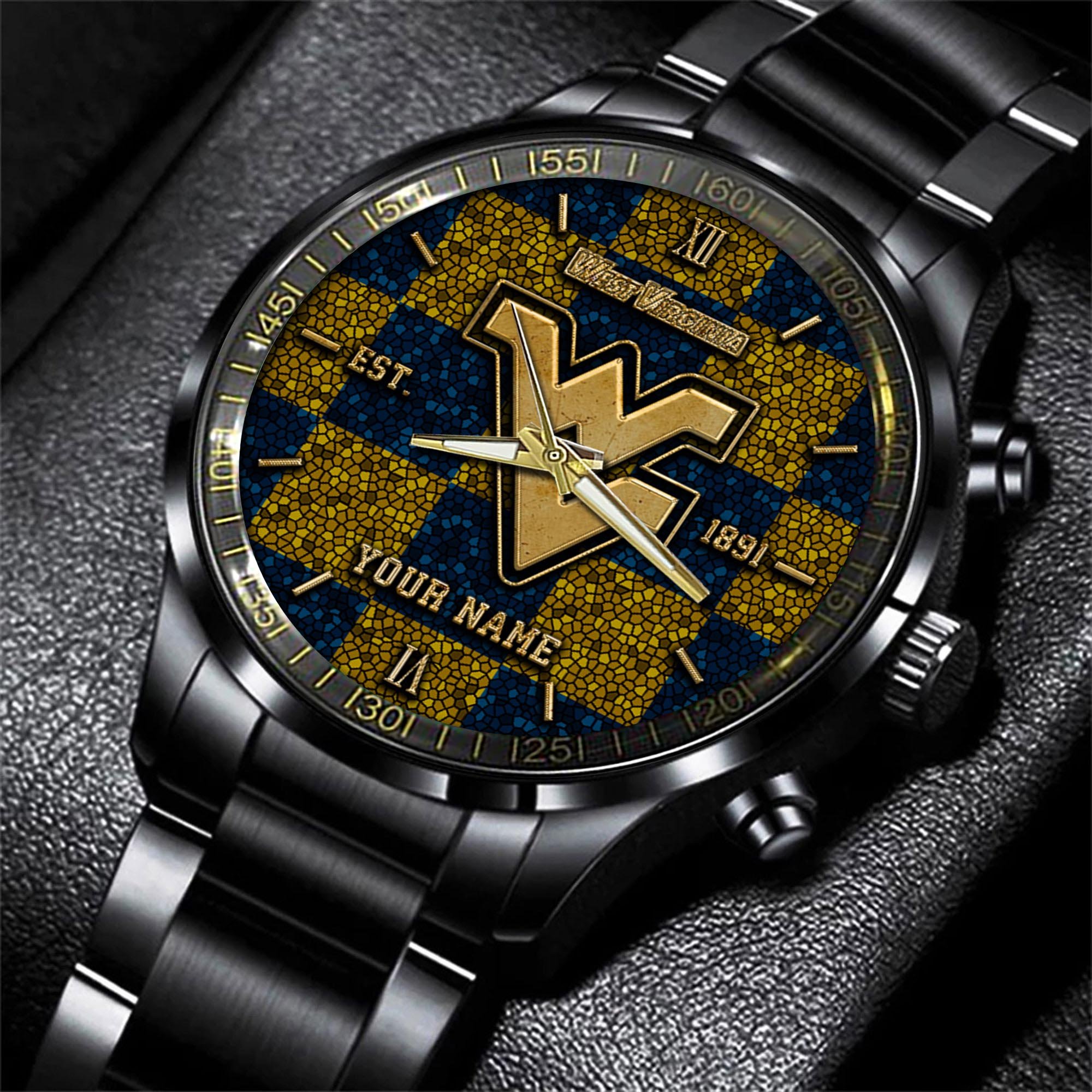 West Virginia Mountaineers Black Fashion Watch Custom Your Name, Sport Black Fashion Watch, Football Fan Gifts 