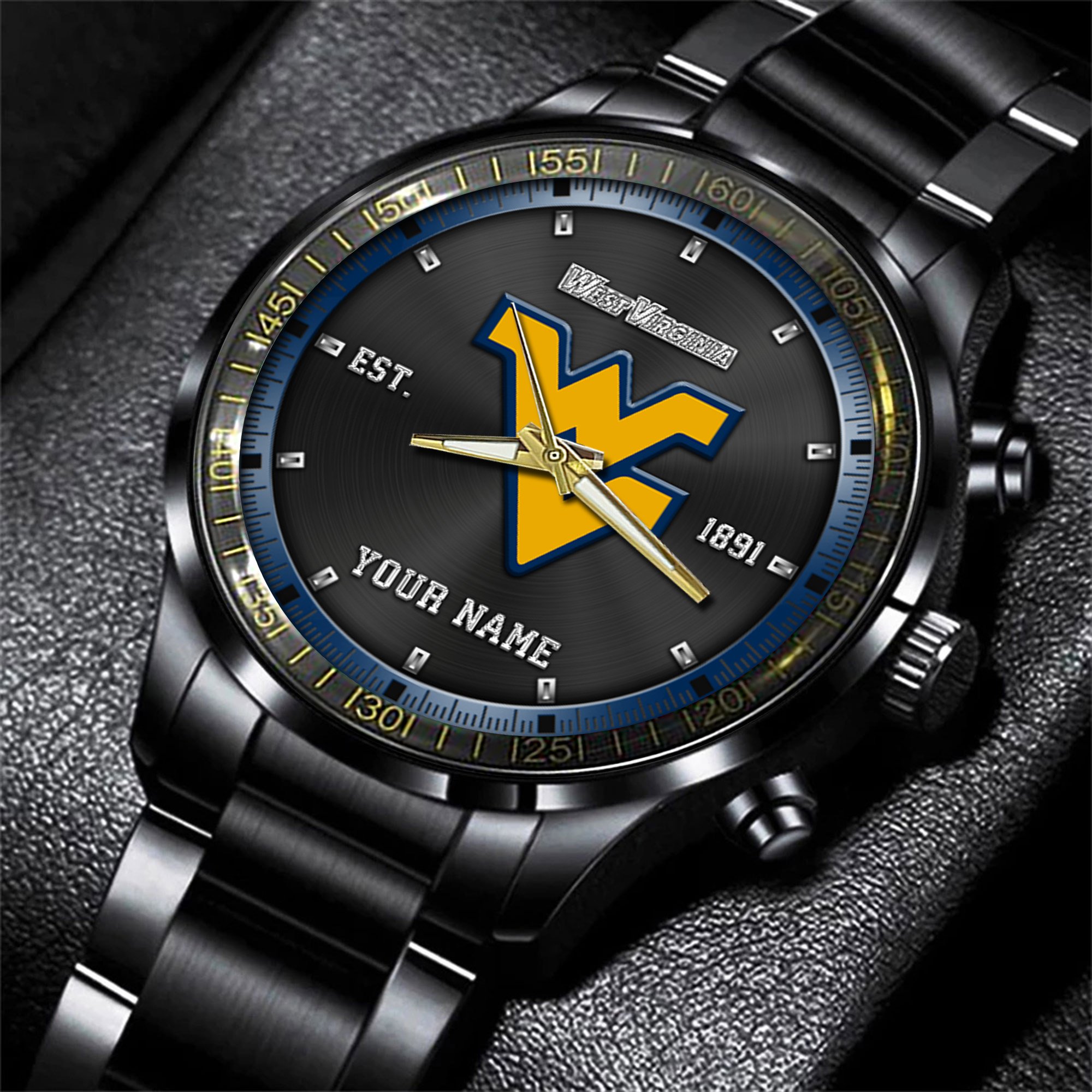 West Virginia Mountaineers Black Fashion Watch Custom Your Name, Sport Black Fashion Watch, Football Fan Gifts 