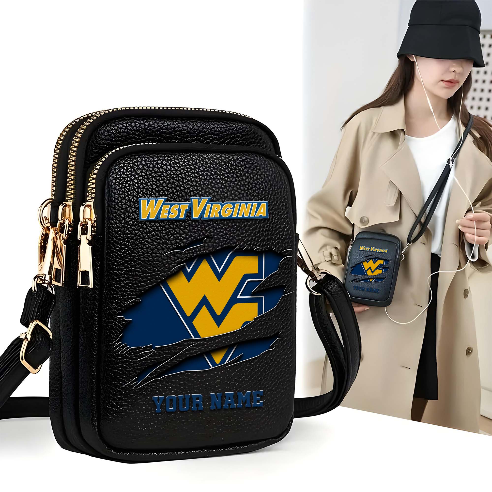 West Virginia Mountaineers Customized Womens Mobile Phone Bag With Your Name, Leather Crossbody Bag, Fan Gifts