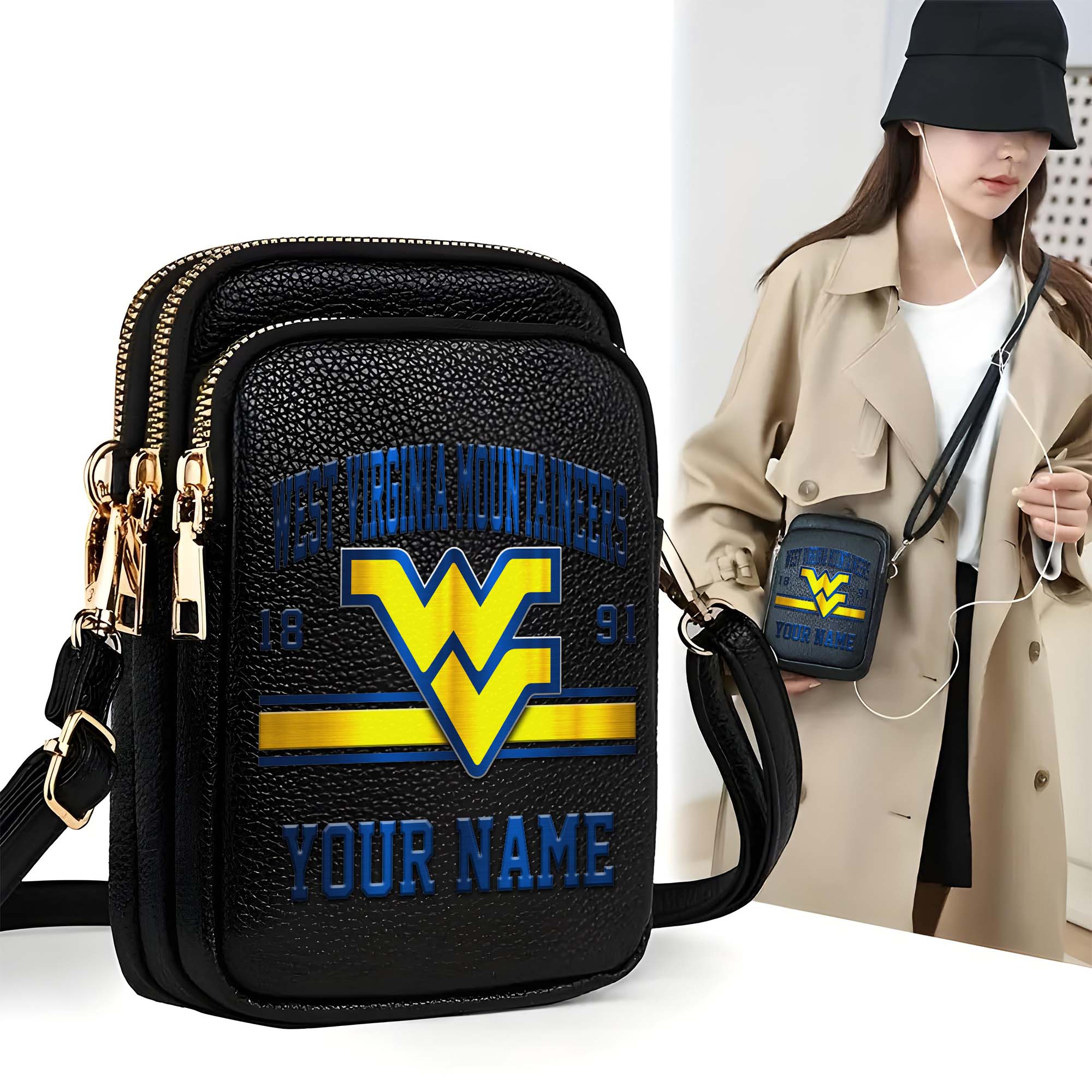 West Virginia Mountaineers Customized Womens Mobile Phone Bag With Your Name, Leather Crossbody Bag, Fan Gifts
