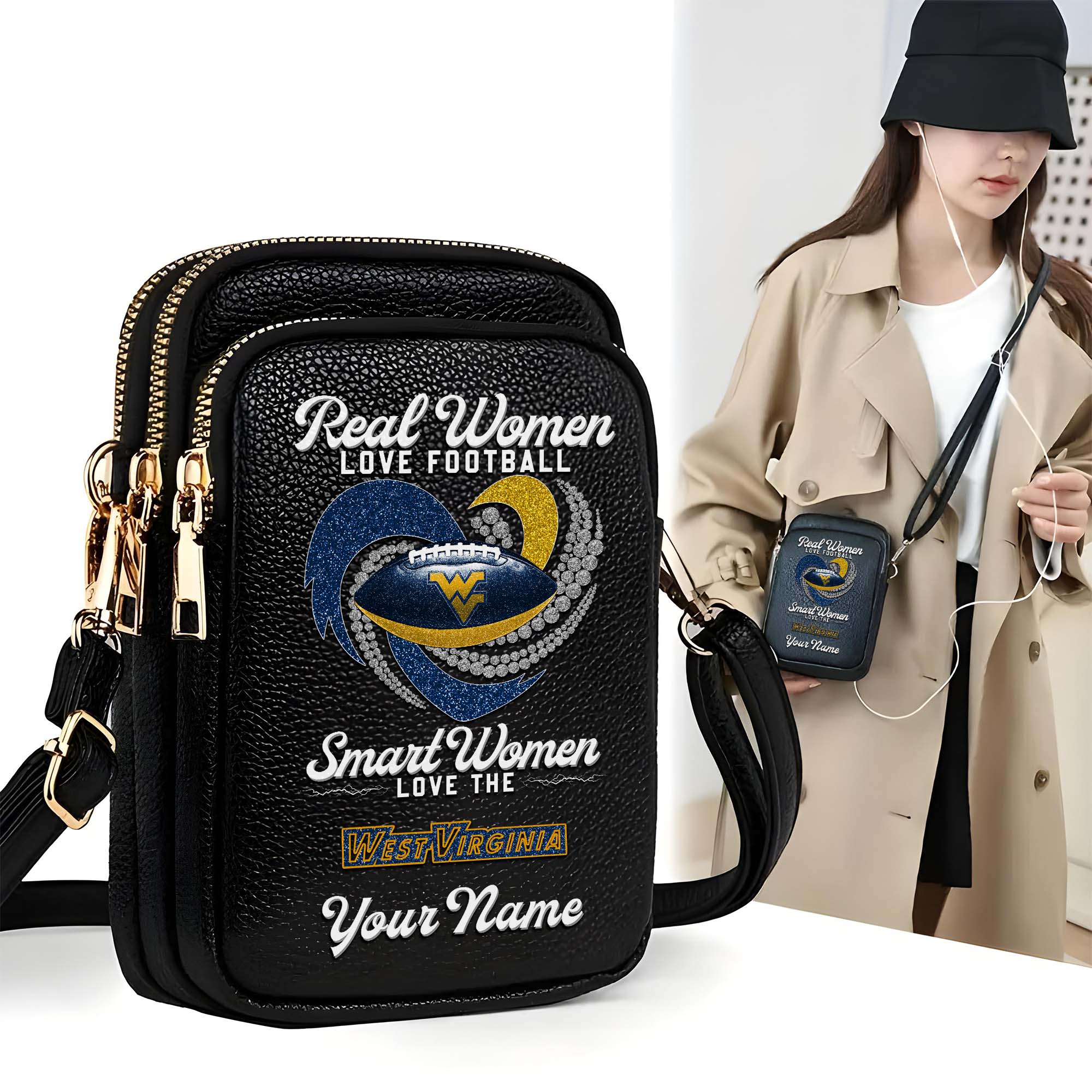 West Virginia Mountaineers Customized Womens Mobile Phone Bag With Your Name, Leather Crossbody Bag, Fan Gifts