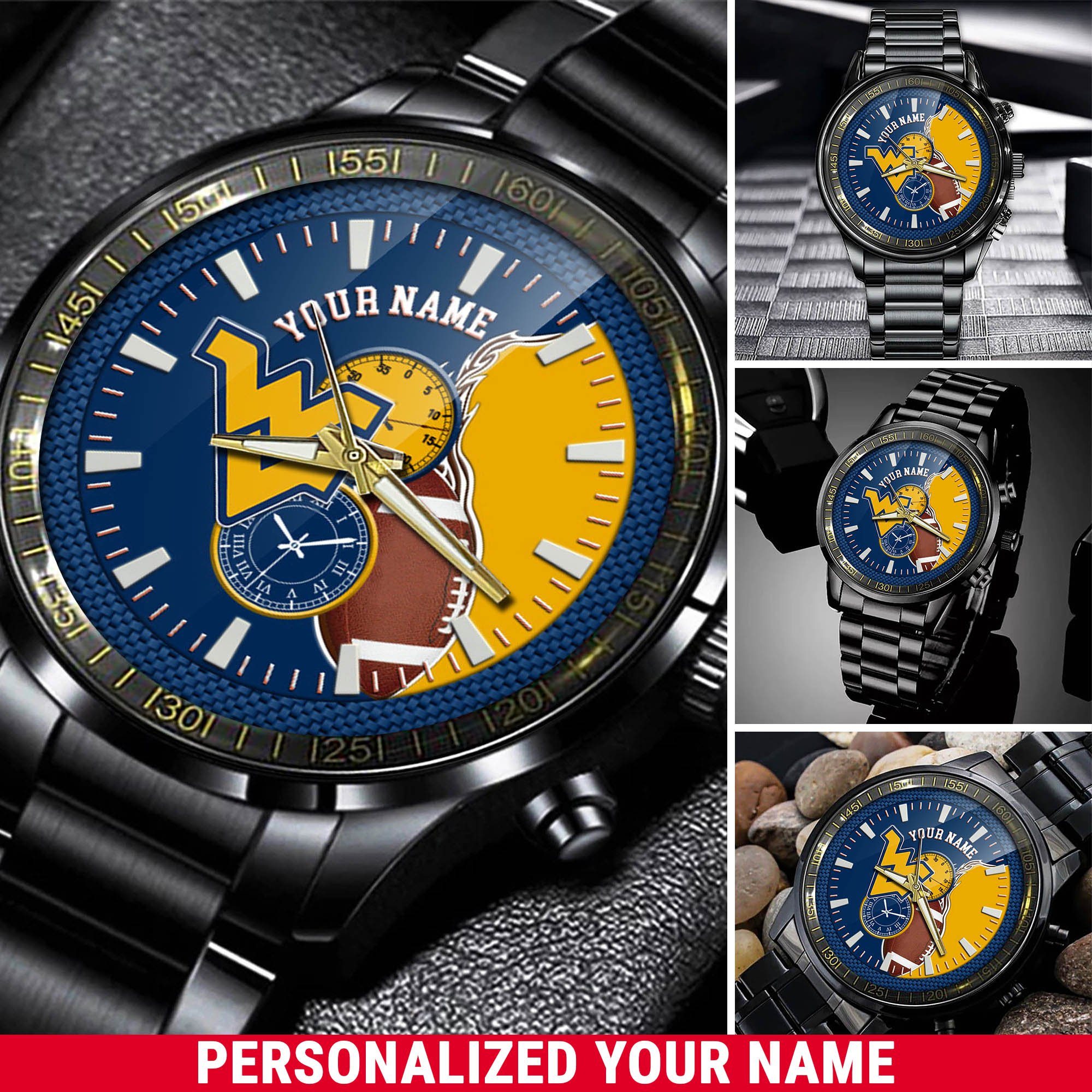 West Virginia Mountaineers Football Team Black Fashion Watch 2025 Version Custom Your Name, Black Fashion Watch For Football Lovers 