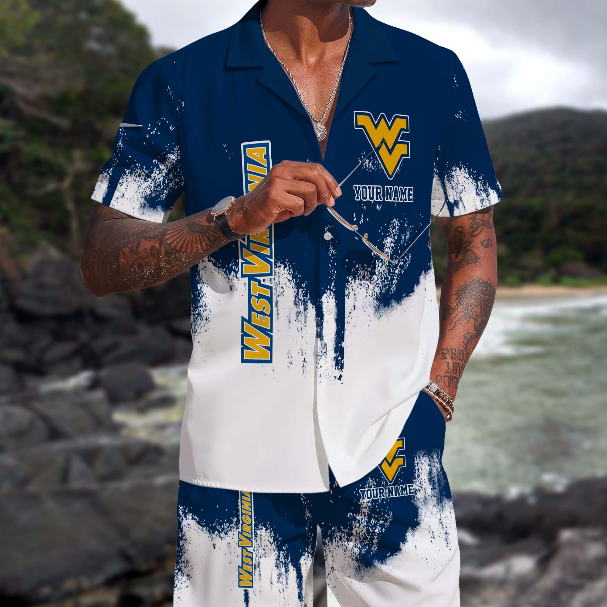 West Virginia Mountaineers Hawaiian Shorts Set Custom You Name, Sports Shorts, Gifts For Fan