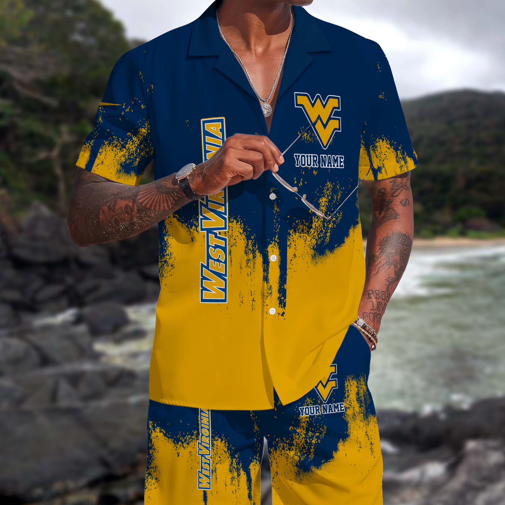 West Virginia Mountaineers Hawaiian Shorts Set Custom You Name, Sports Shorts, Gifts For Fan