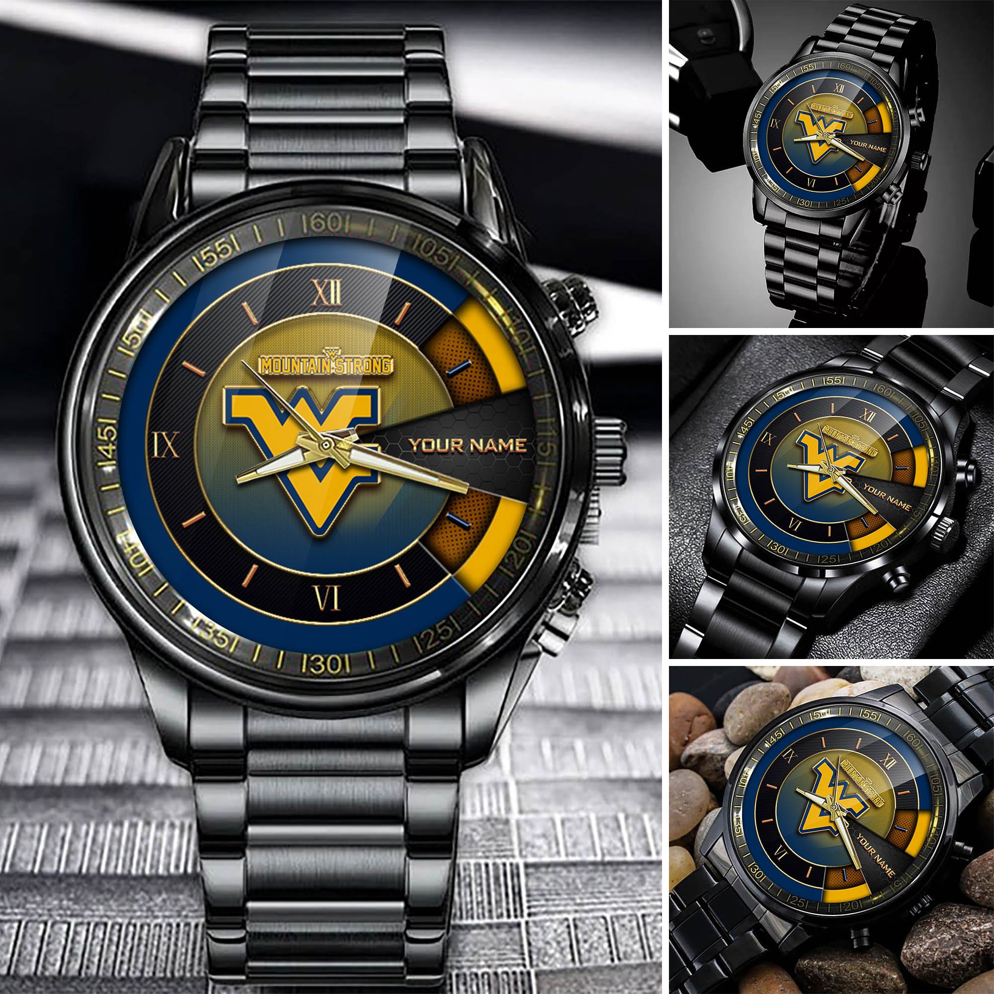 West Virginia Mountaineers Team Black Fashion Watch 2025 Version Custom Your Name, Black Fashion Watch For Sport Fan 