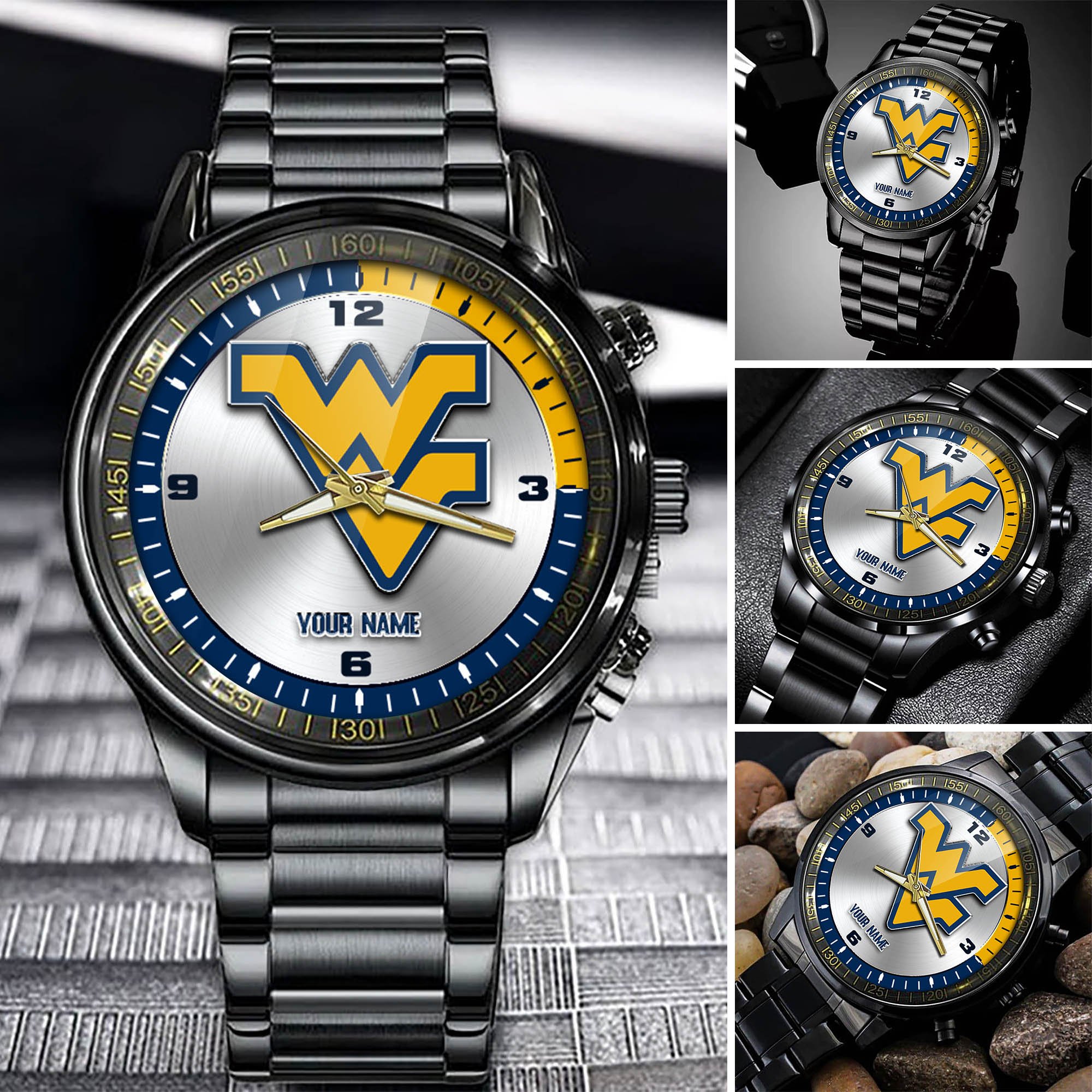 West Virginia Mountaineers Team Black Fashion Watch 2025 Version Personalized Your Name, Watch For Fan , Football League Gifts 