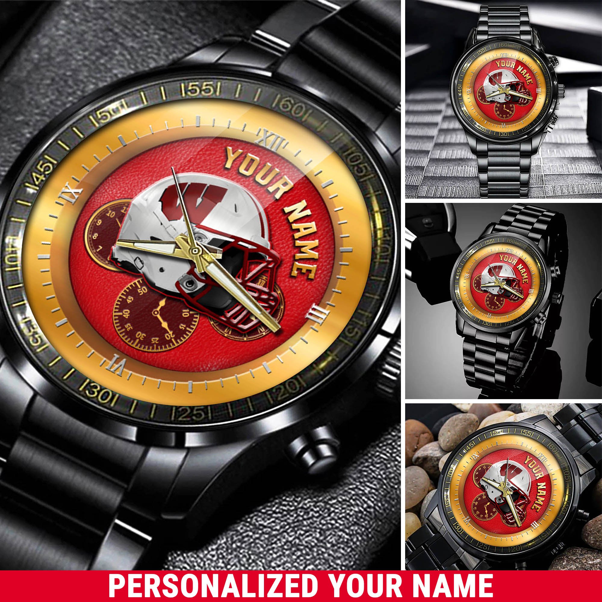 Wisconsin Badgers Black Fashion Watch 2025 Version Personalized Your Name, Football Team Black Fashion Watch 
