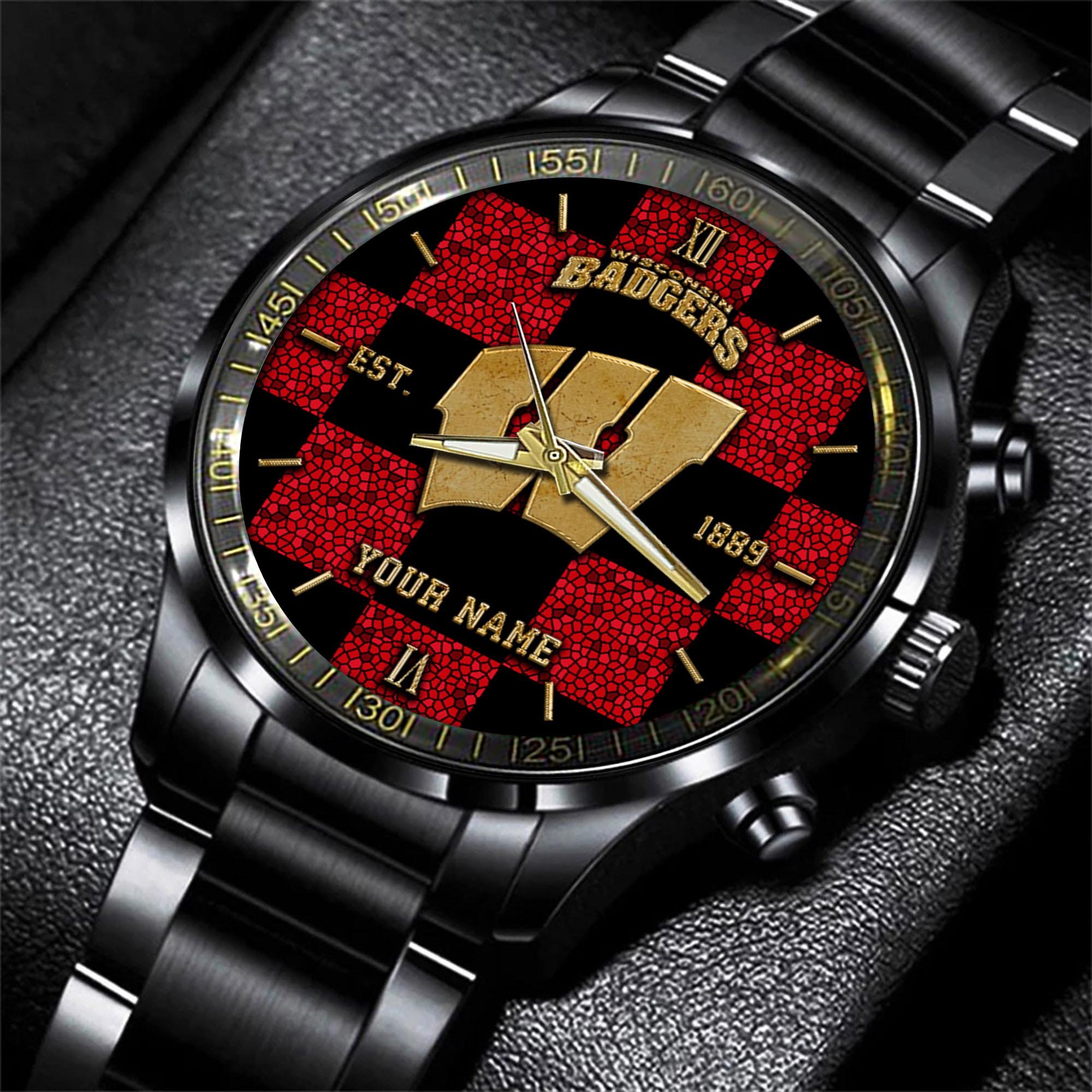 Wisconsin Badgers Black Fashion Watch Custom Your Name, Sport Black Fashion Watch, Football Fan Gifts 