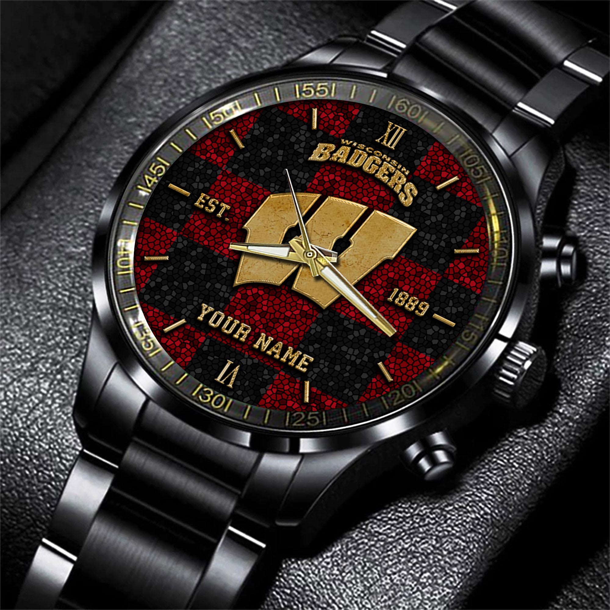 Wisconsin Badgers Black Fashion Watch Custom Your Name, Sport Black Fashion Watch, Football Fan Gifts 