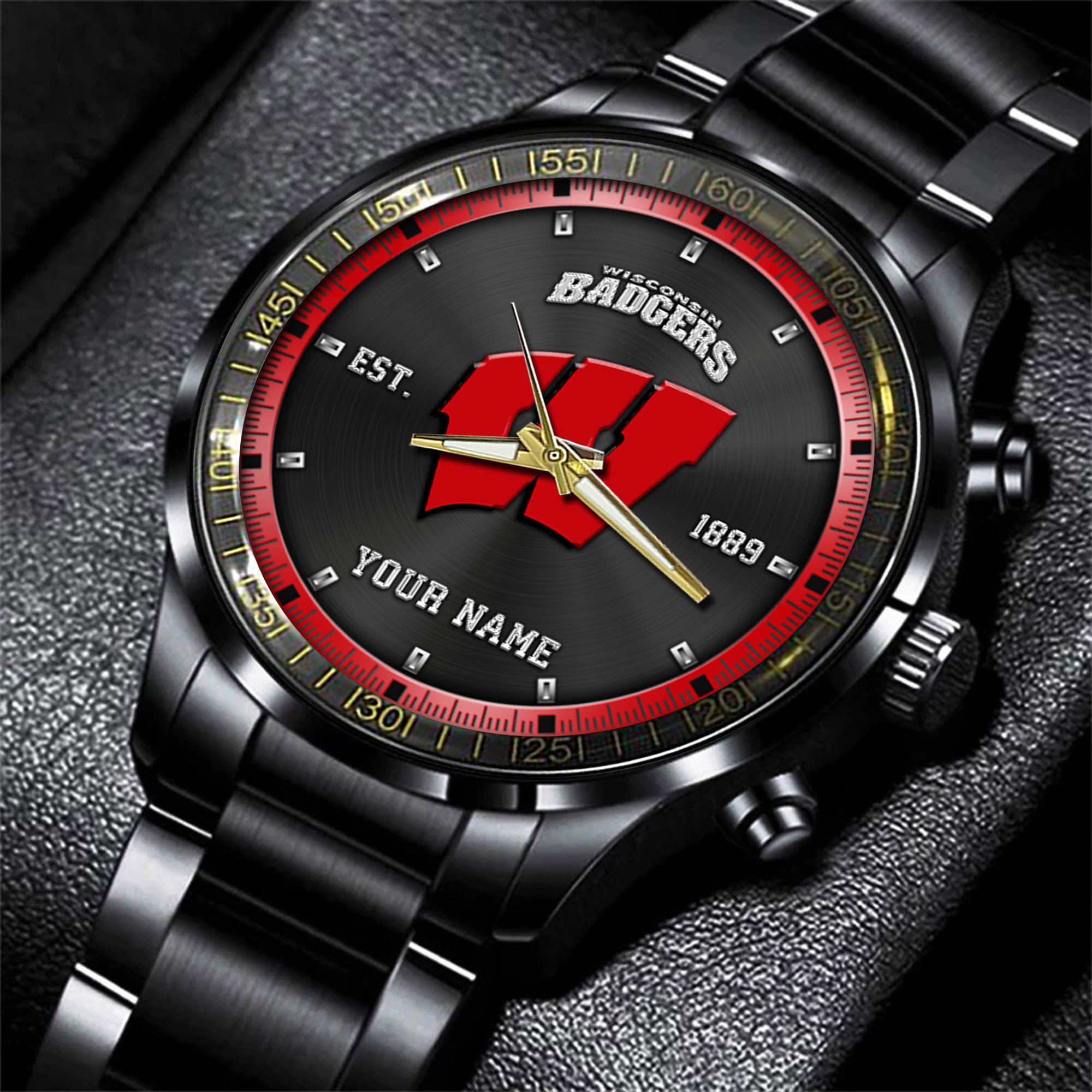 Wisconsin Badgers Black Fashion Watch Custom Your Name, Sport Black Fashion Watch, Football Fan Gifts 