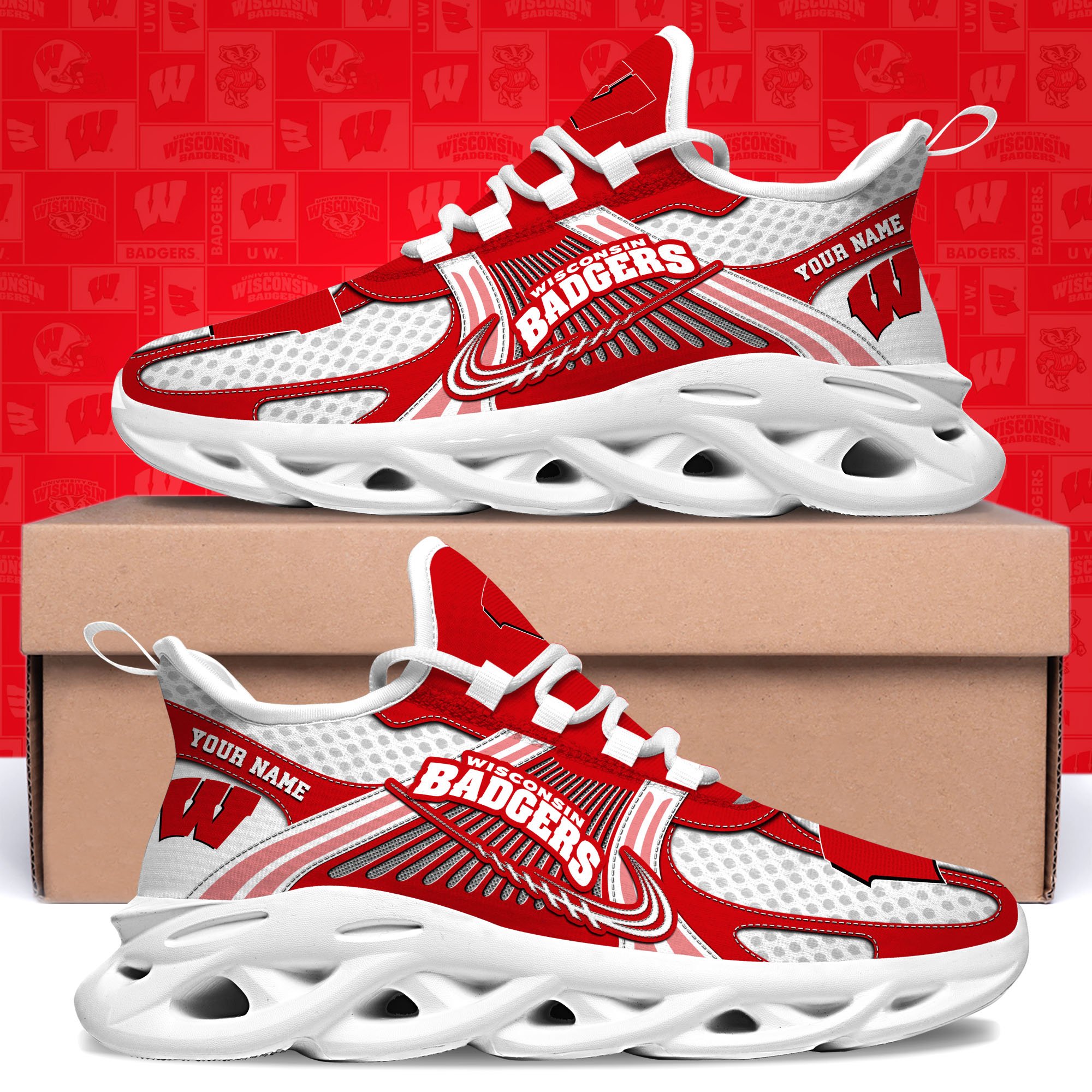 Wisconsin Badgers Clunky Sneakers Custom Your Name, Sport Sneakers, Sport Gifts For Fan, Gifts For Him