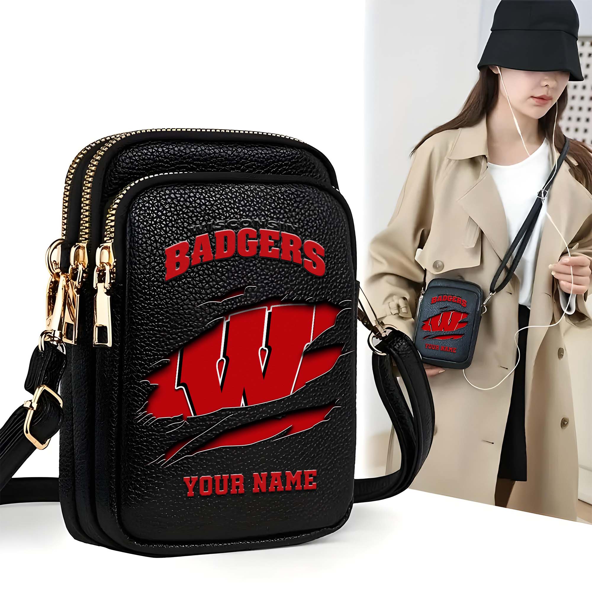 Wisconsin Badgers Customized Womens Mobile Phone Bag With Your Name, Leather Crossbody Bag, Fan Gifts