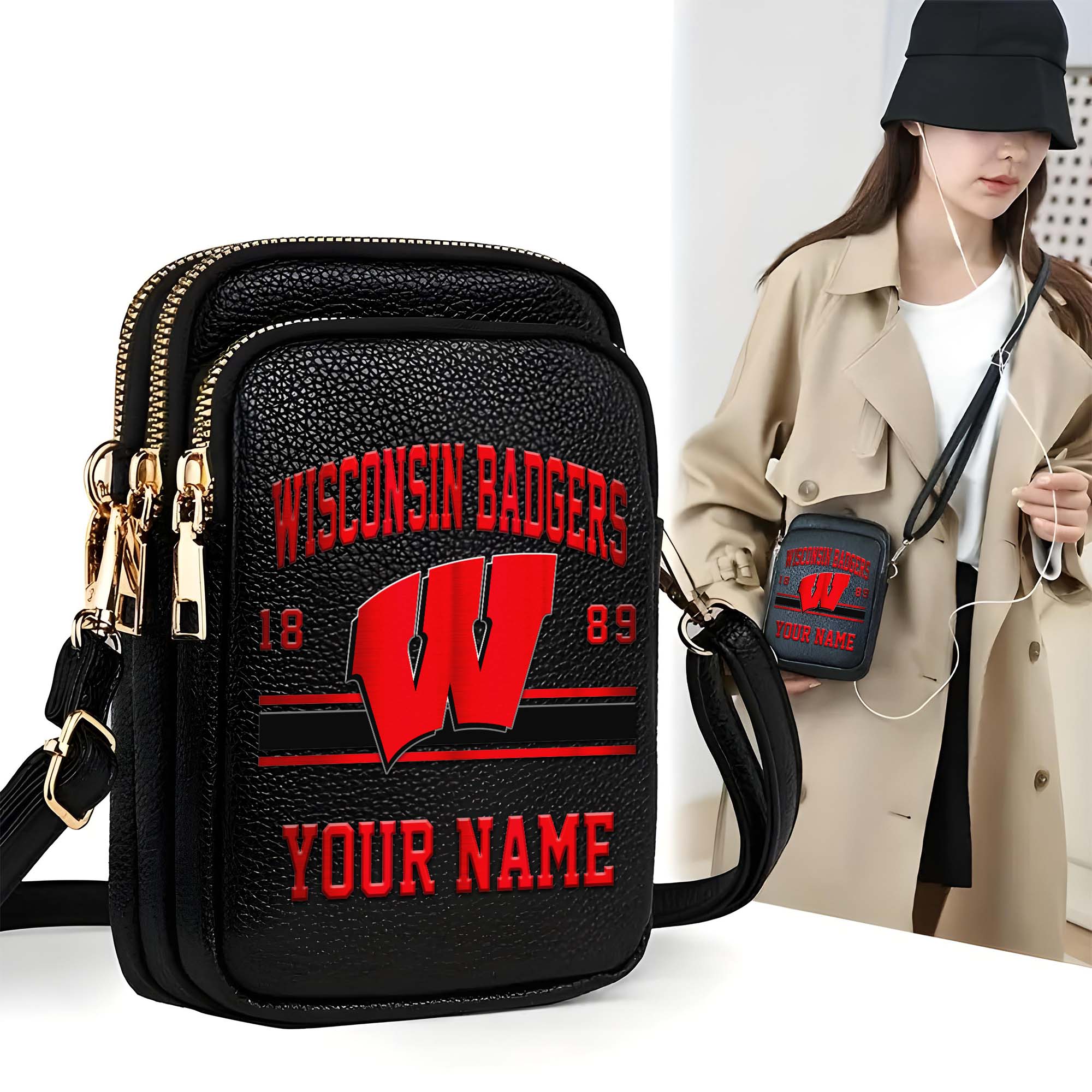 Wisconsin Badgers Customized Womens Mobile Phone Bag With Your Name, Leather Crossbody Bag, Fan Gifts