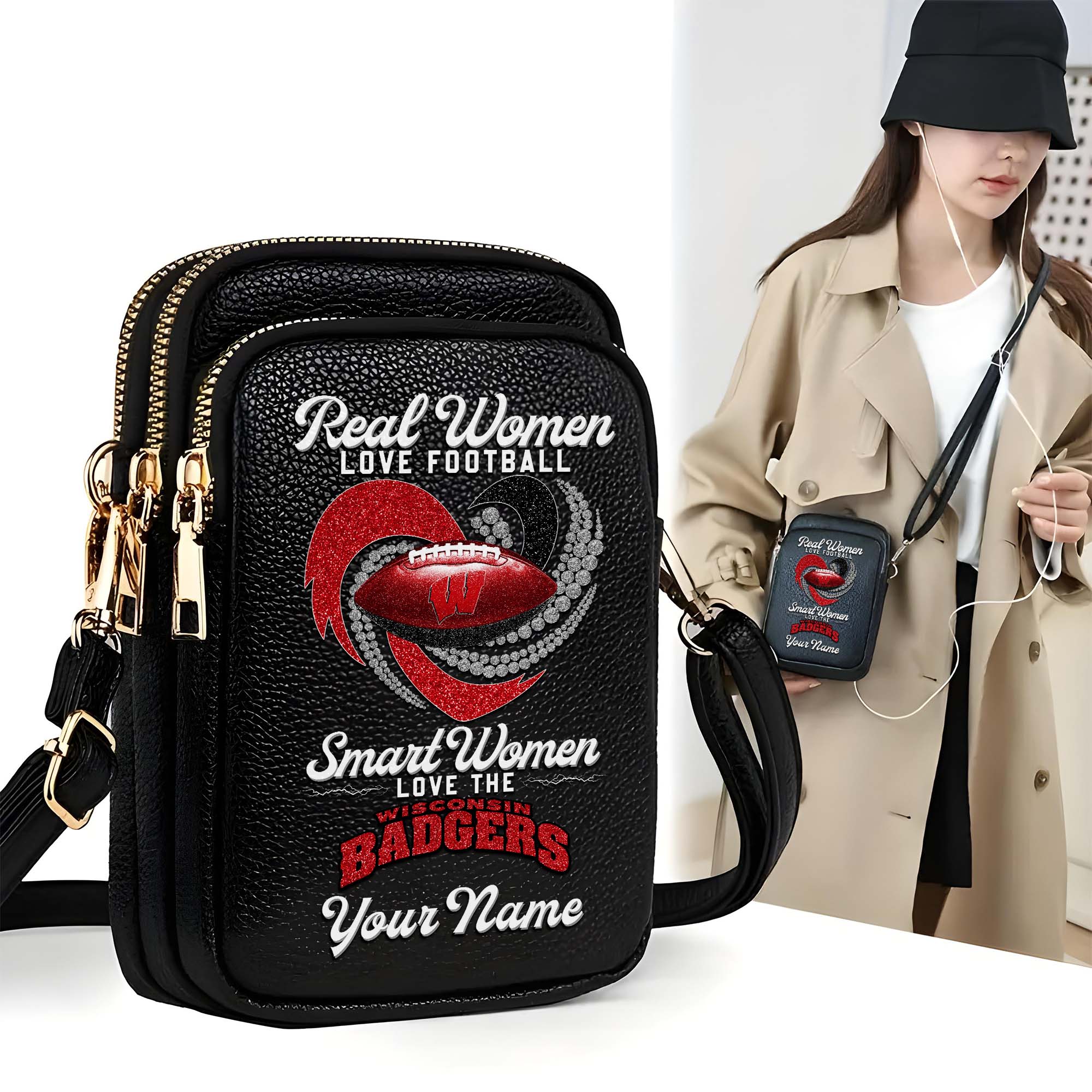 Wisconsin Badgers Customized Womens Mobile Phone Bag With Your Name, Leather Crossbody Bag, Fan Gifts