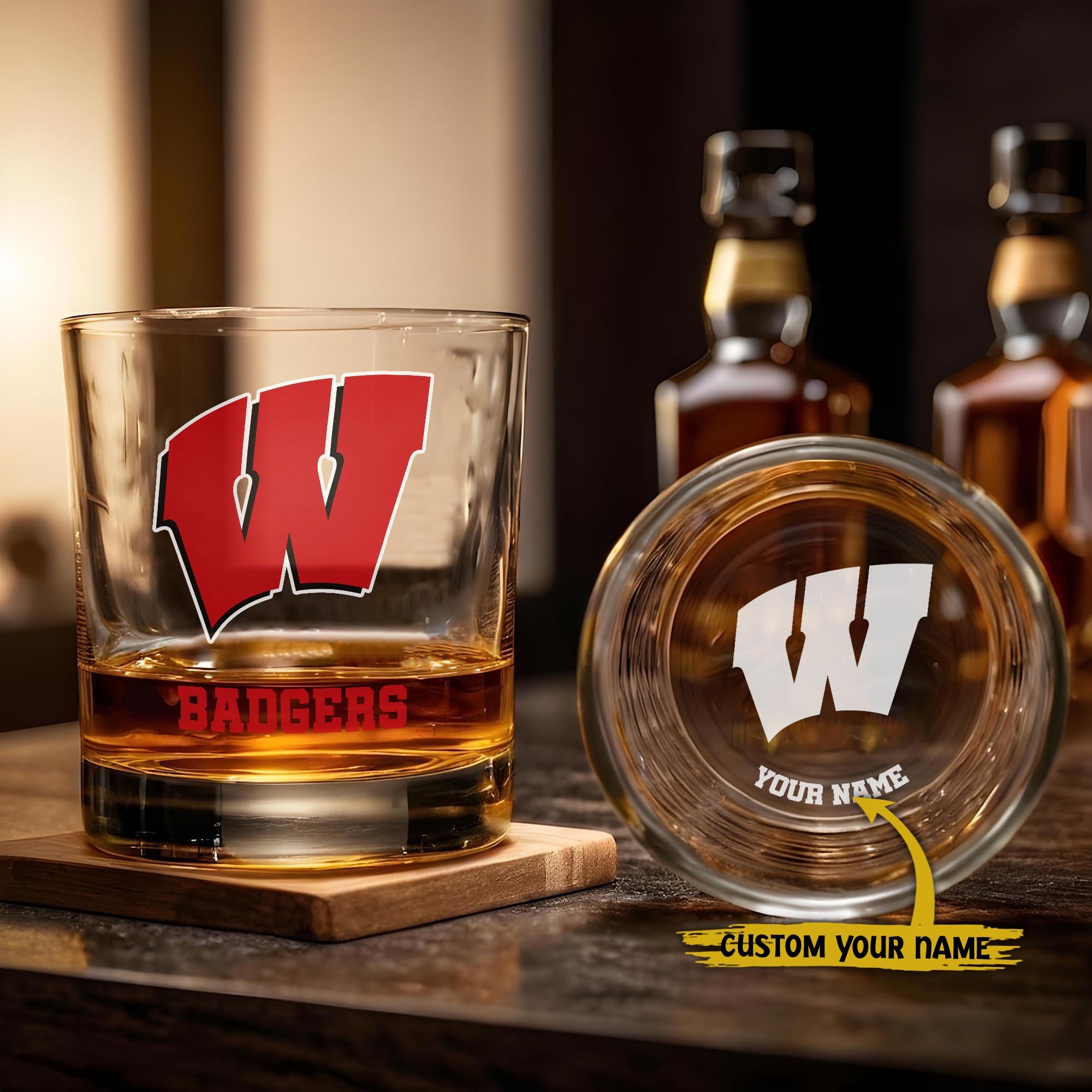 Wisconsin Badgers Engraved Whiskey Glass Custom Your Name, Groomsman 11Oz Whiskey Glass, Football Gift, Gifts For Dad