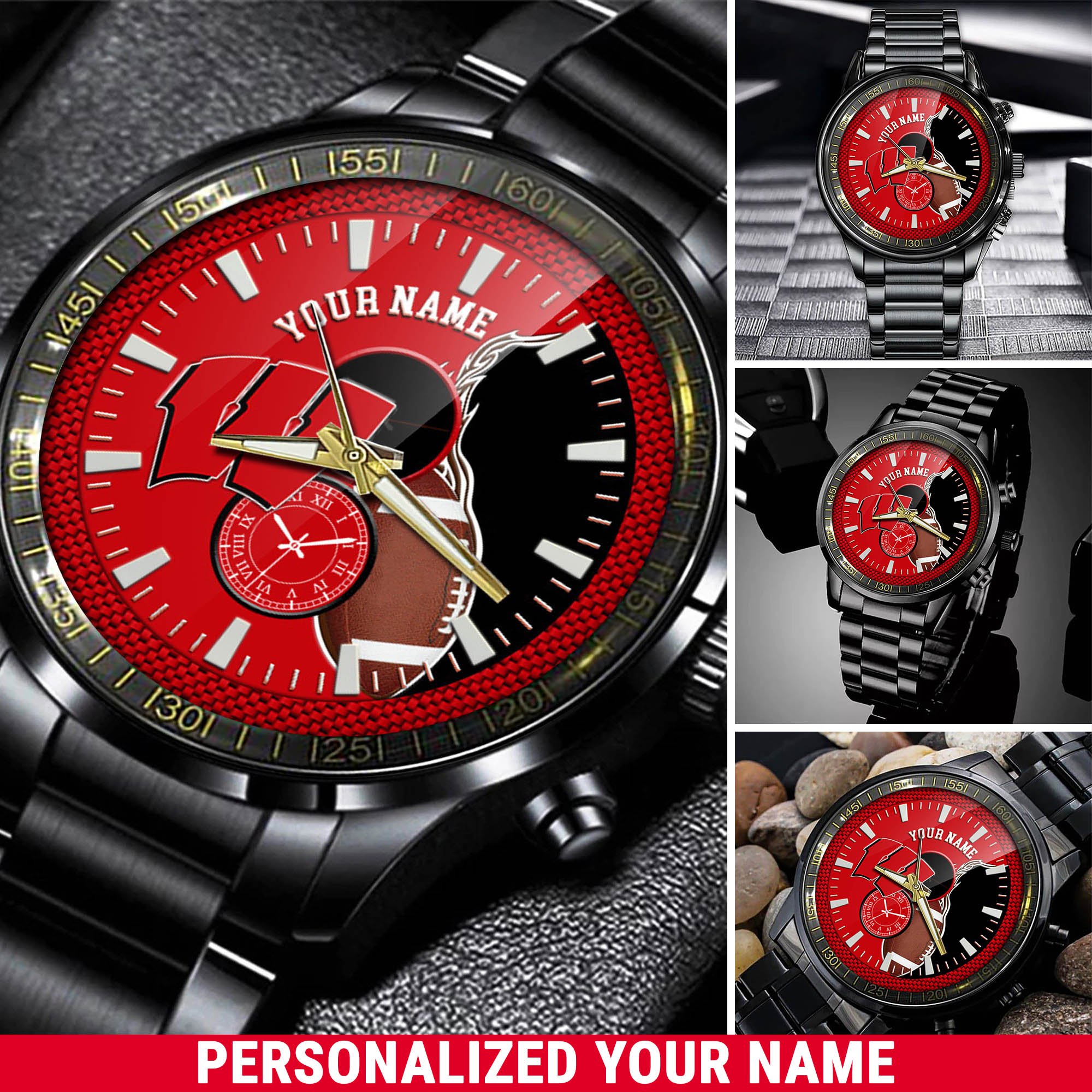 Wisconsin Badgers Football Team Black Fashion Watch 2025 Version Custom Your Name, Black Fashion Watch For Football Lovers 