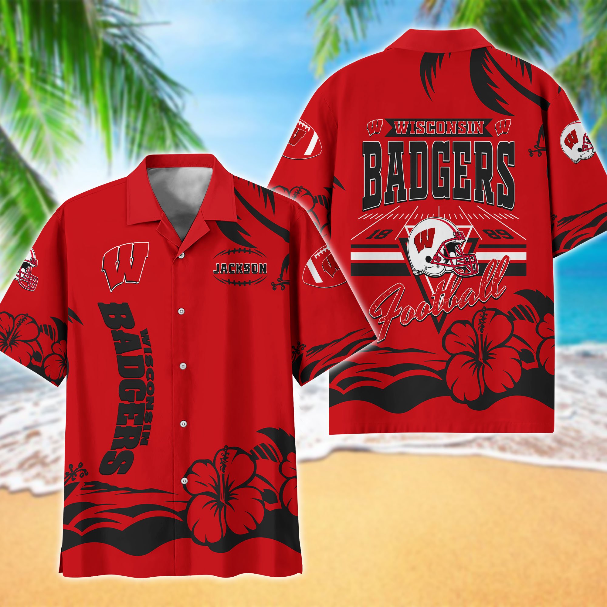 Wisconsin Badgers Hawaiian Shirt Personalized Your Name, Sports Gifts For Fans, Sport Team Hawaii Shirt, Sports Lover Gifts