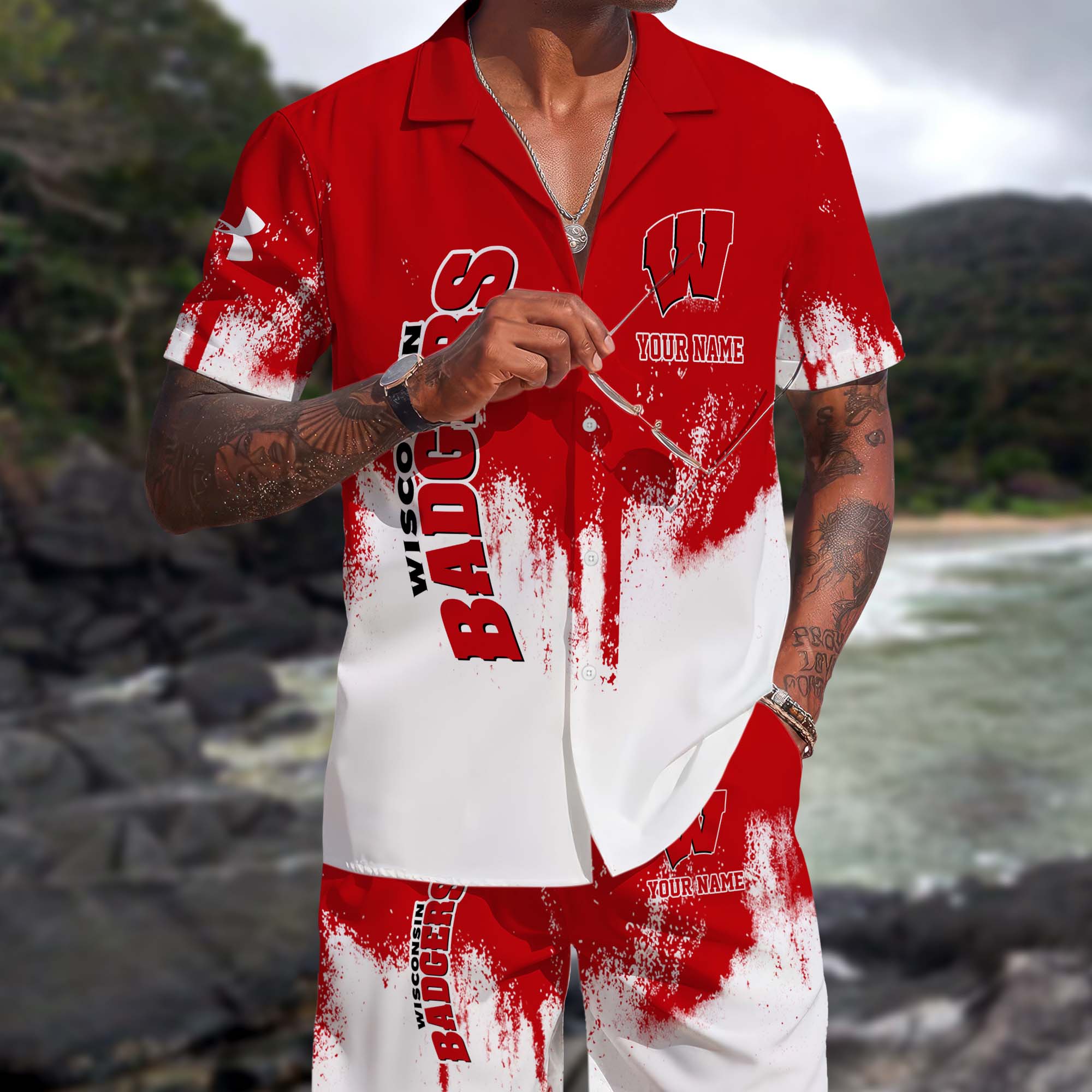 Wisconsin Badgers Hawaiian Shorts Set Custom You Name, Sports Shorts, Gifts For Fan