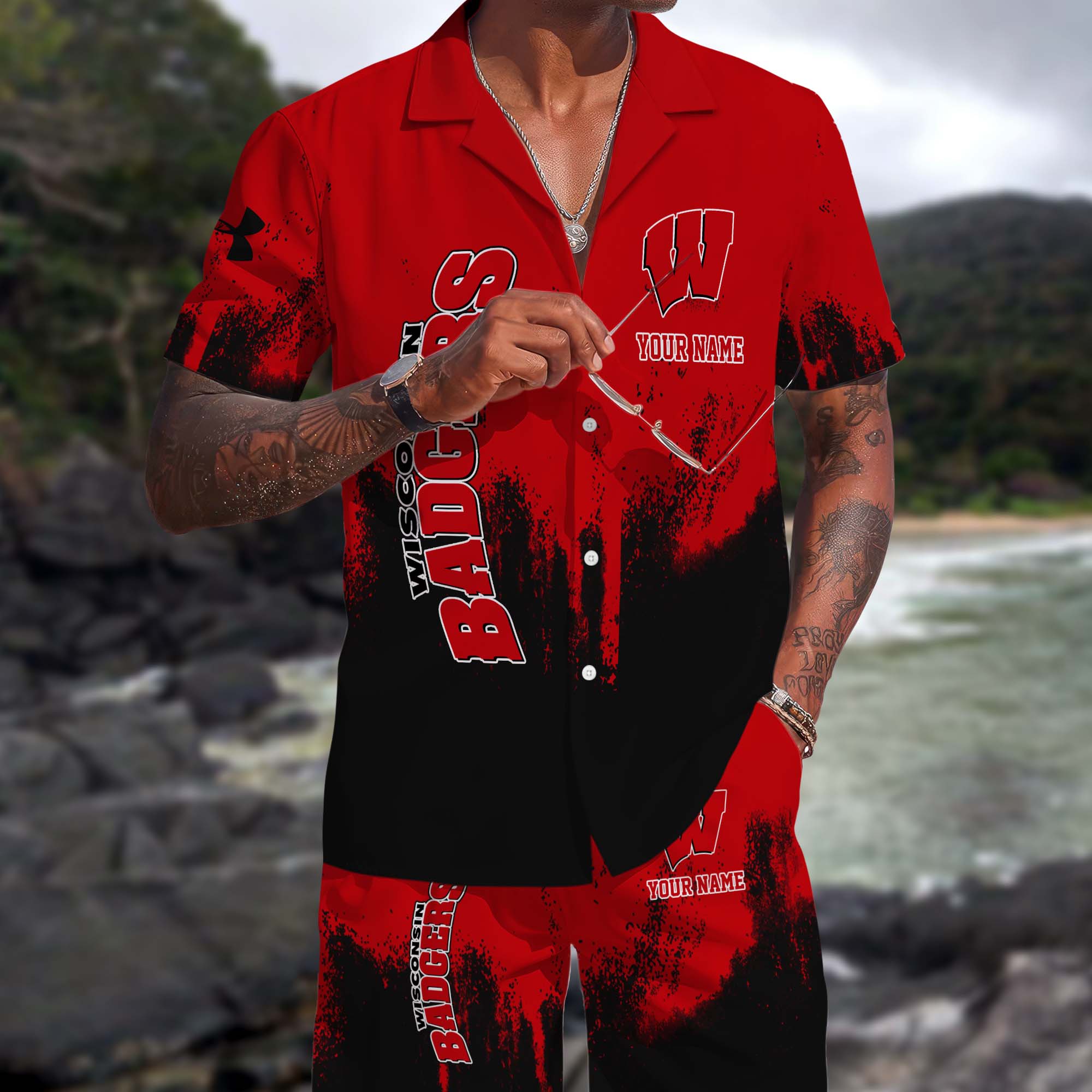 Wisconsin Badgers Hawaiian Shorts Set Custom You Name, Sports Shorts, Gifts For Fan