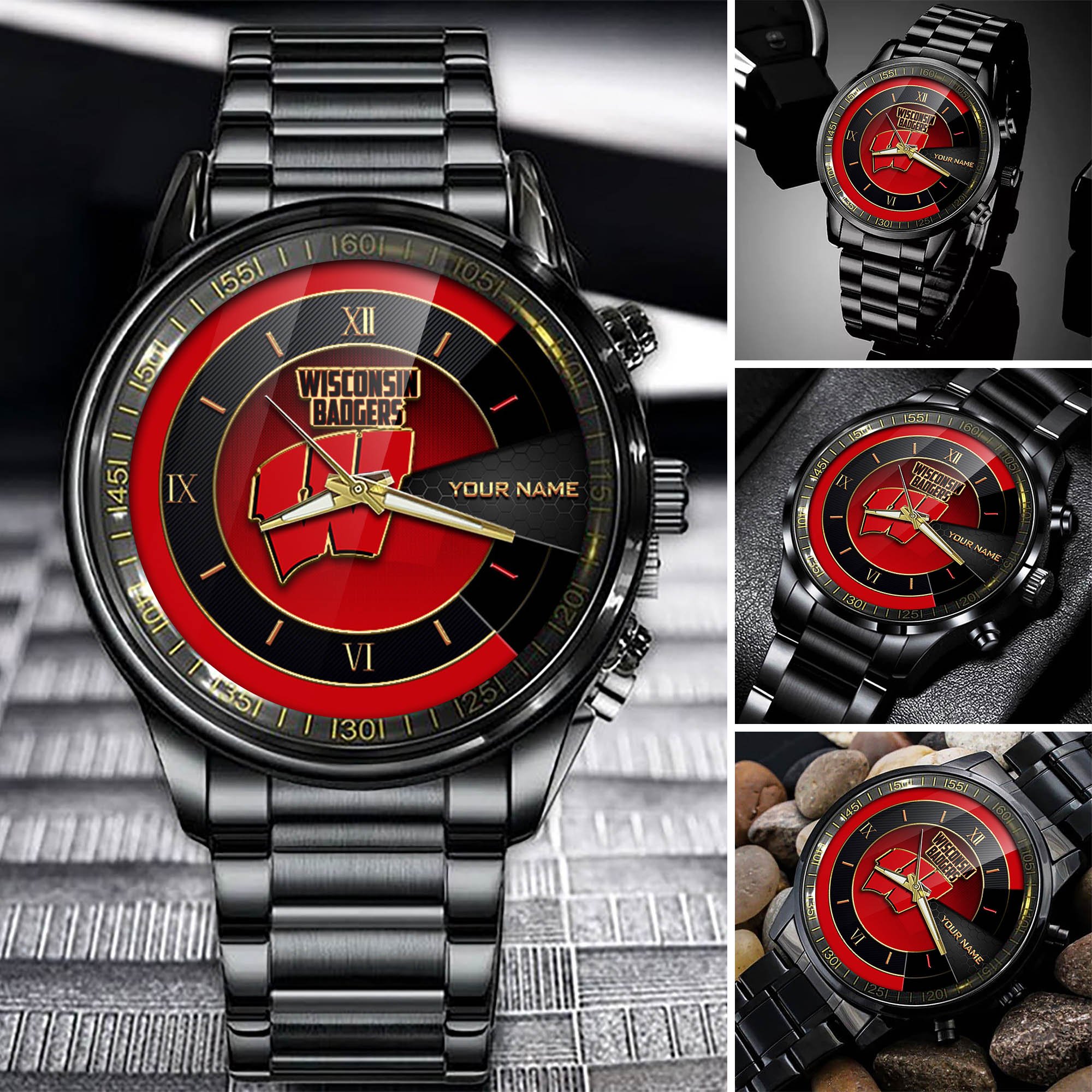 Wisconsin Badgers Team Black Fashion Watch 2025 Version Custom Your Name, Black Fashion Watch For Sport Fan 