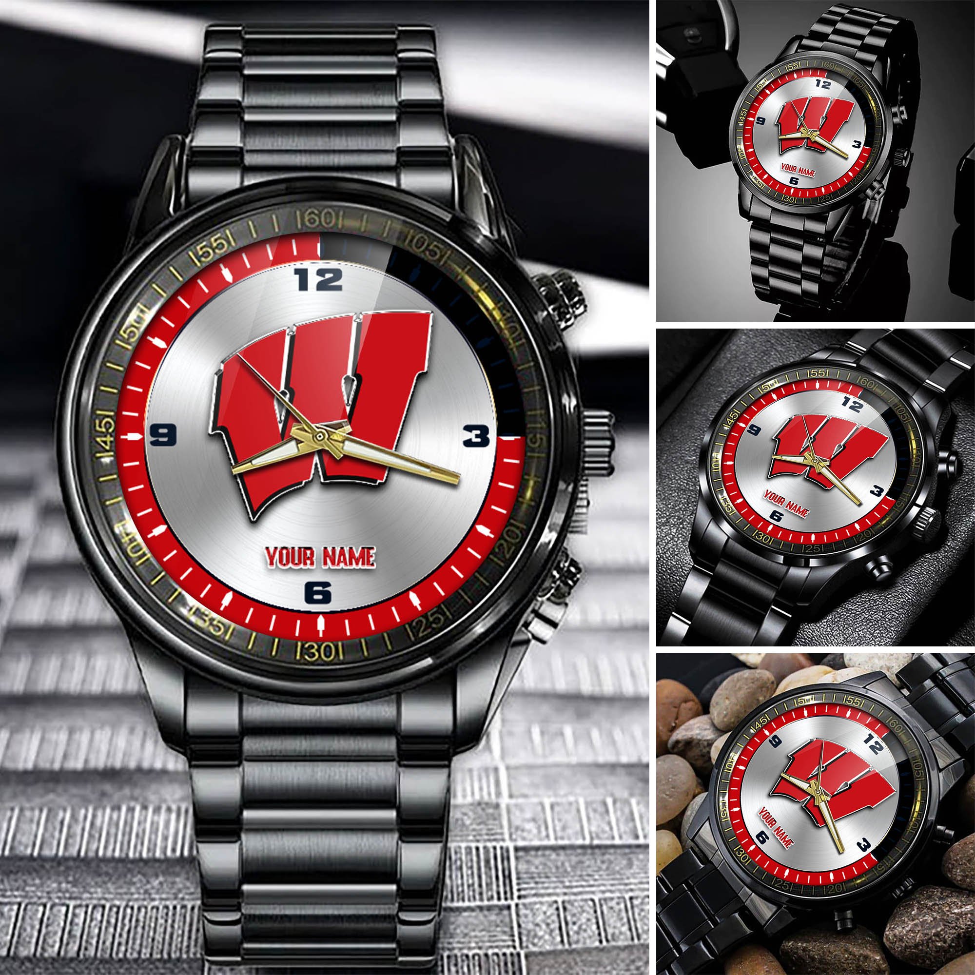 Wisconsin Badgers Team Black Fashion Watch 2025 Version Personalized Your Name, Watch For Fan , Football League Gifts 
