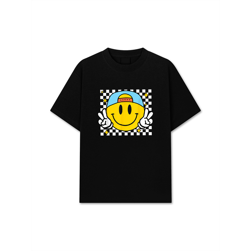 Yellow Smile Face Cute Checkered Peace Smiling Happy Face T-Shirt